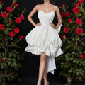 White Strapless Sweetheart Mini Dress With Bubble Hem And Back Bow Train, Elegant Short Prom Dress, Princess Birthday Gown, Cocktail Party Look, Dreamy Ruffle Formal Dress, Bridal Shower Outfit