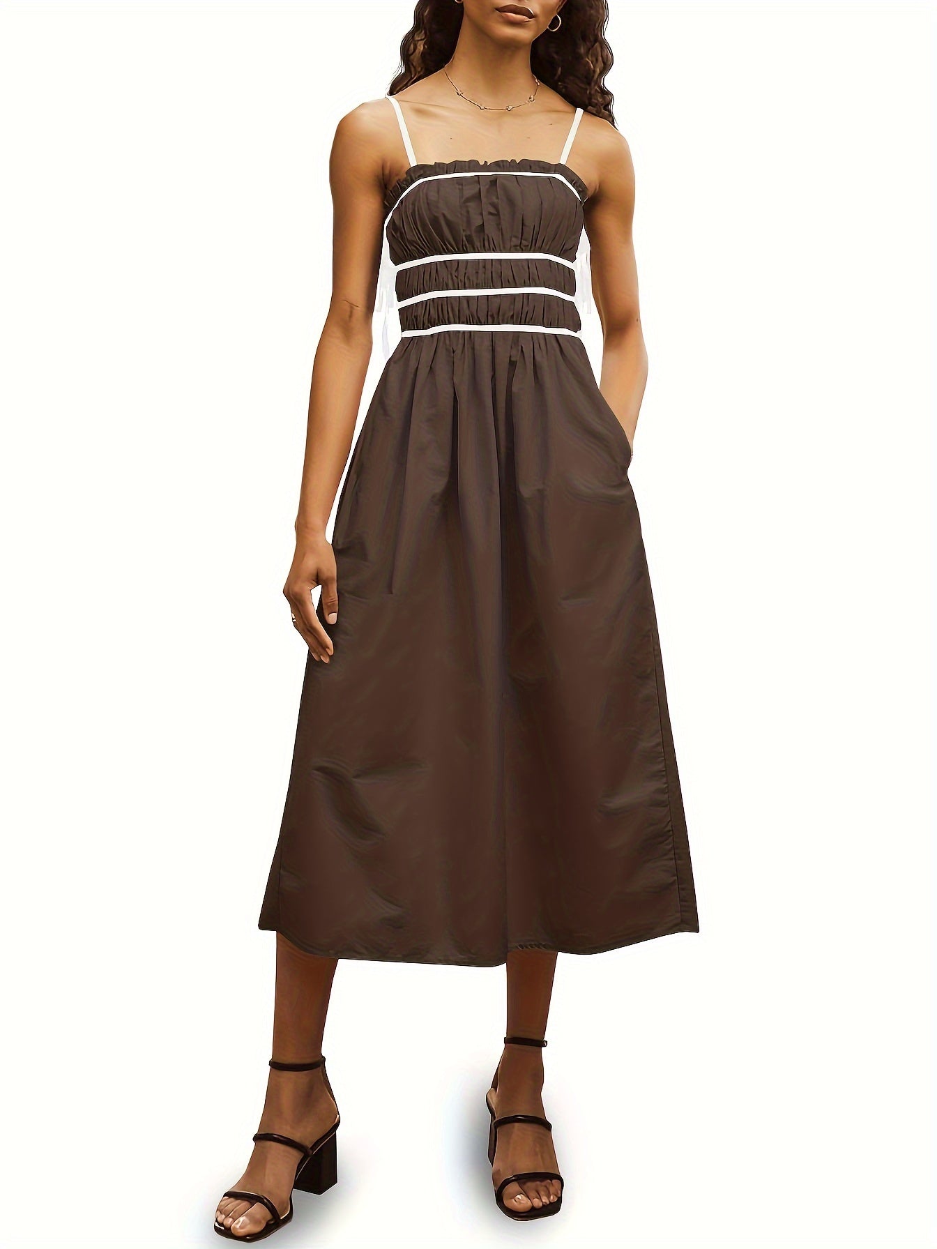 Womens Summer Spaghetti Strap Midi Dress Sleeveless Tie Strap Contrast Color Casual Smocked Ruffle Dresses