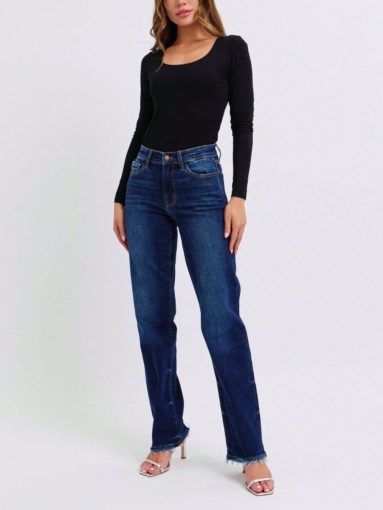 Judy-B Women's Casual Jeans Essential High-Rise Straight-Leg Denim Pants Dark Wash with Raw Hem Detailing Stretch Cotton Fabric Classic Five-Pocket Design Button and Zipper Closure Perfect For All-Seasons Everyday Wear