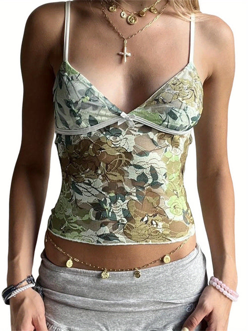 Floral Lace Camisole Top for Women - V-Neck Spaghetti Straps, Sleeveless Crop Tank with Intricate Floral Print & Lace Detailing, Perfect for Summer Streetwear & Club Outfits, Lace Trim