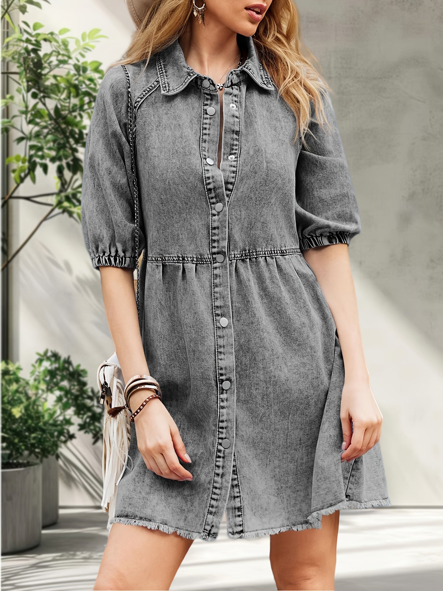 Womens Puff Sleeve Summer Denim Dress Button Short Sleeve Babydoll Dress Flowy Jean Dress