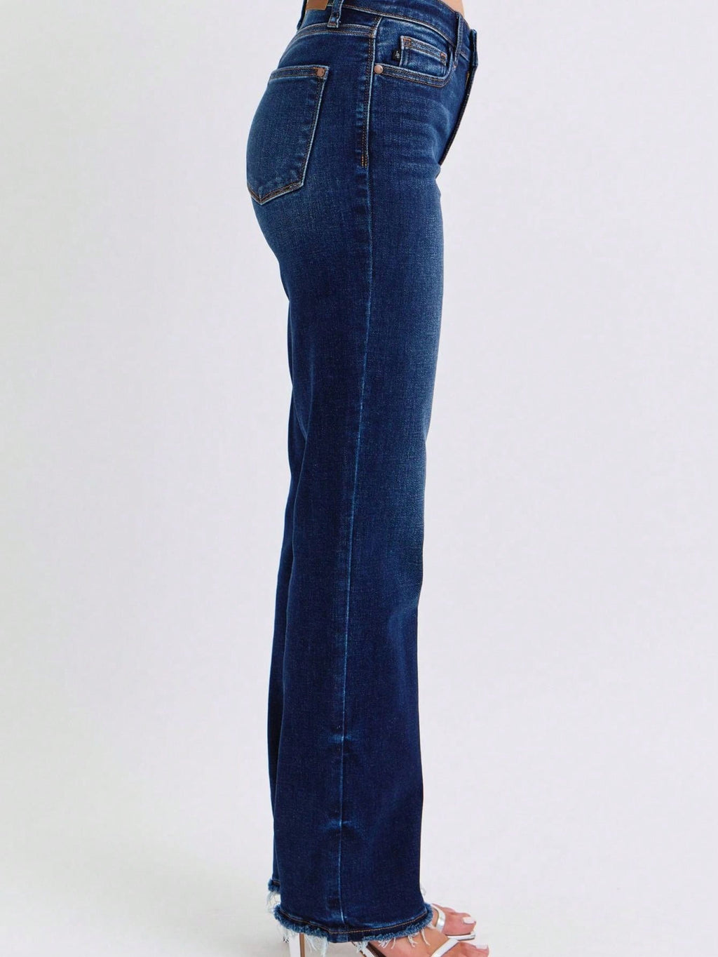 Judy-B Women's Casual Jeans Essential High-Rise Straight-Leg Denim Pants Dark Wash with Raw Hem Detailing Stretch Cotton Fabric Classic Five-Pocket Design Button and Zipper Closure Perfect For All-Seasons Everyday Wear