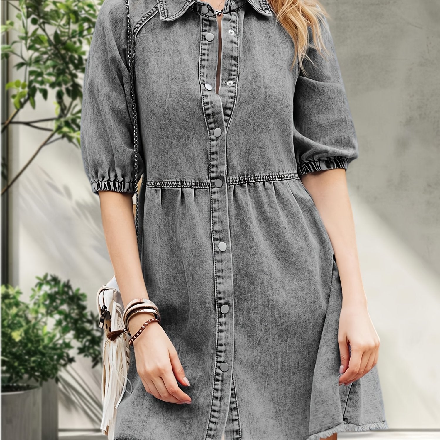 Womens Puff Sleeve Summer Denim Dress Button Short Sleeve Babydoll Dress Flowy Jean Dress