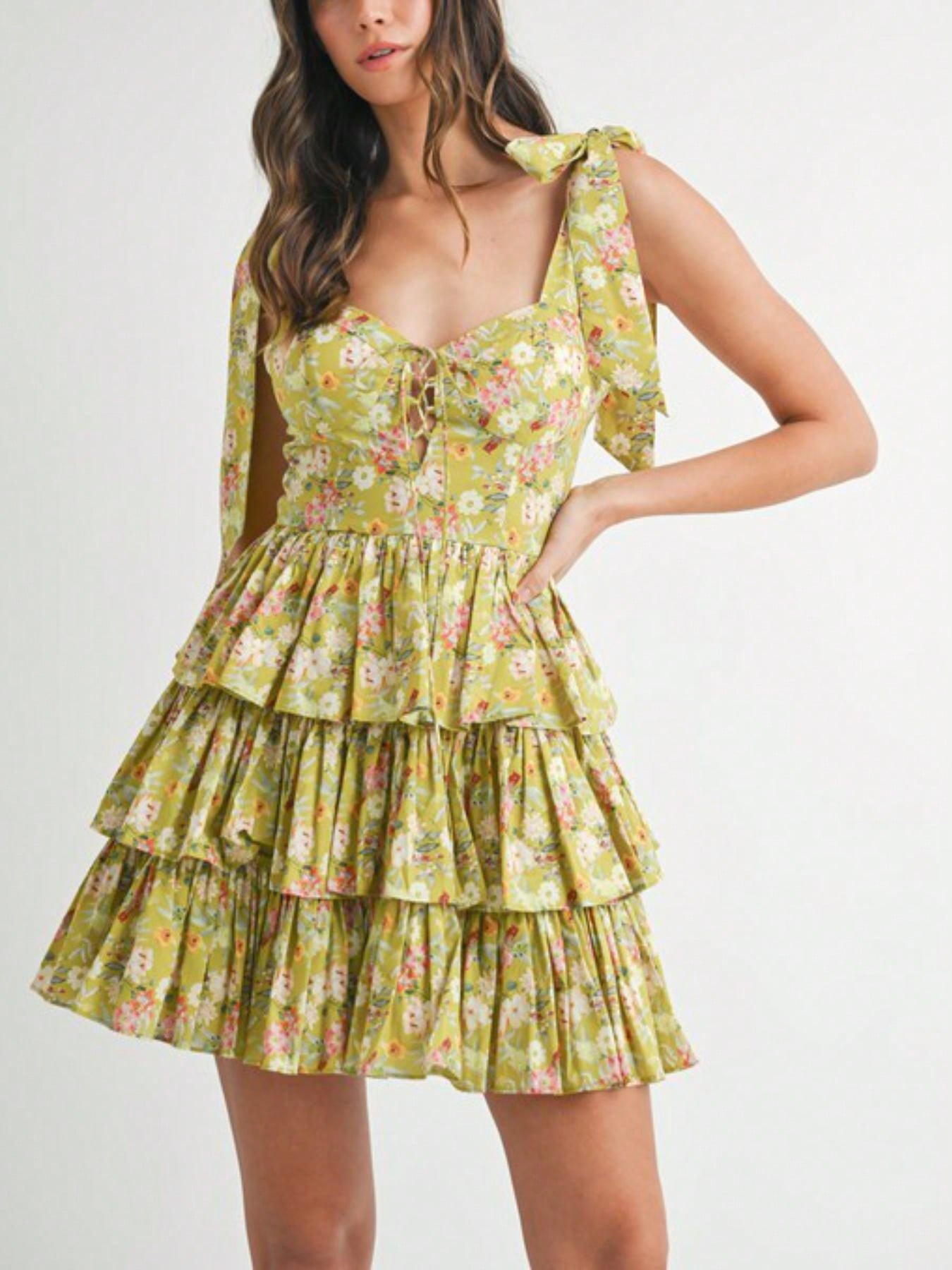 Womens Casual Floral Print Romantic Chic Bow Shoulder Tiered Ruffle Mini Dress Sweetheart Neckline Sleeveless Yellow Green Spring Summer Garden Party Sundress