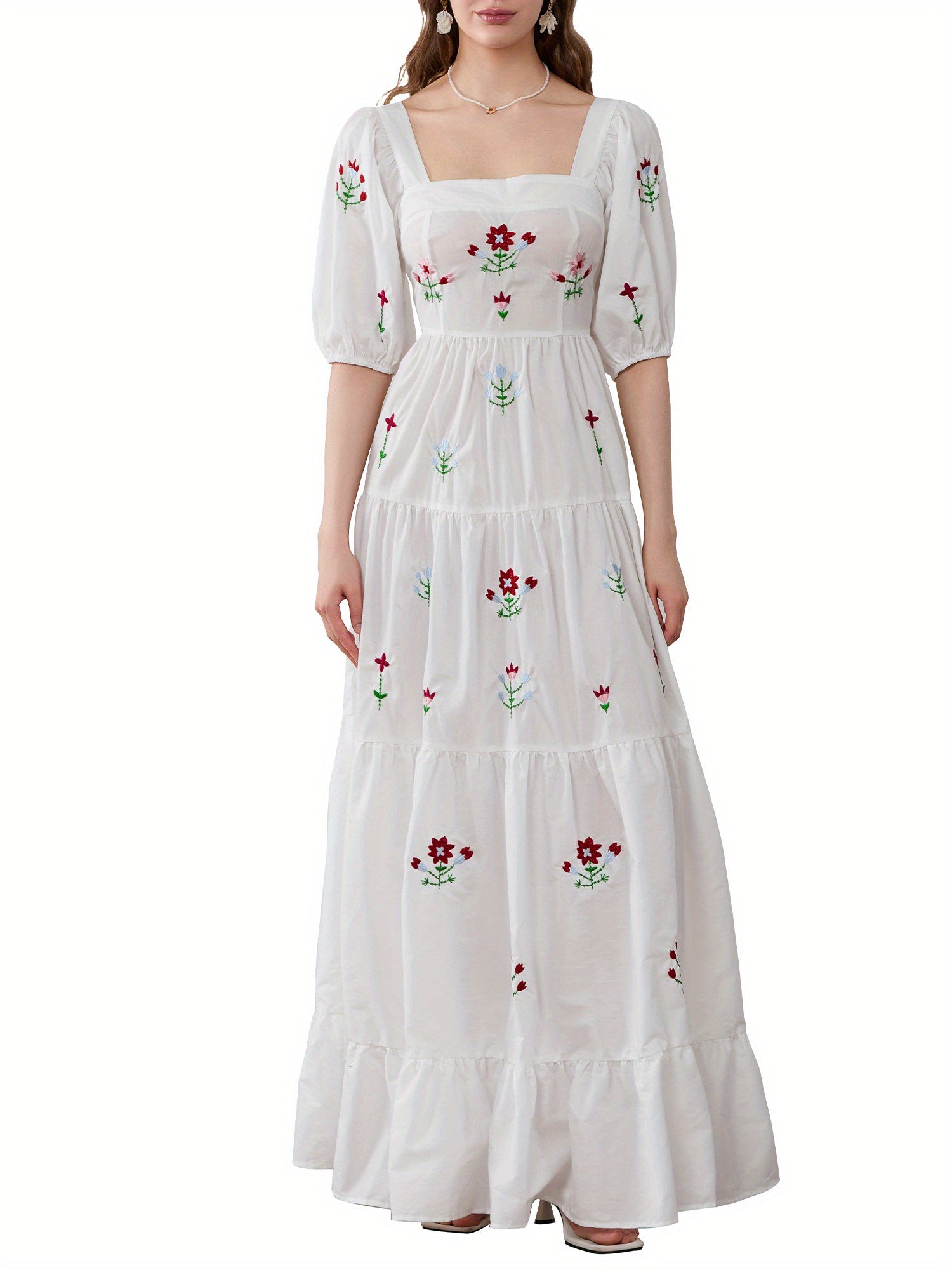 Women Long Dress Embroidery Smocked Square Neck Elbow-Length Sleeve Backless Flowy Dresses