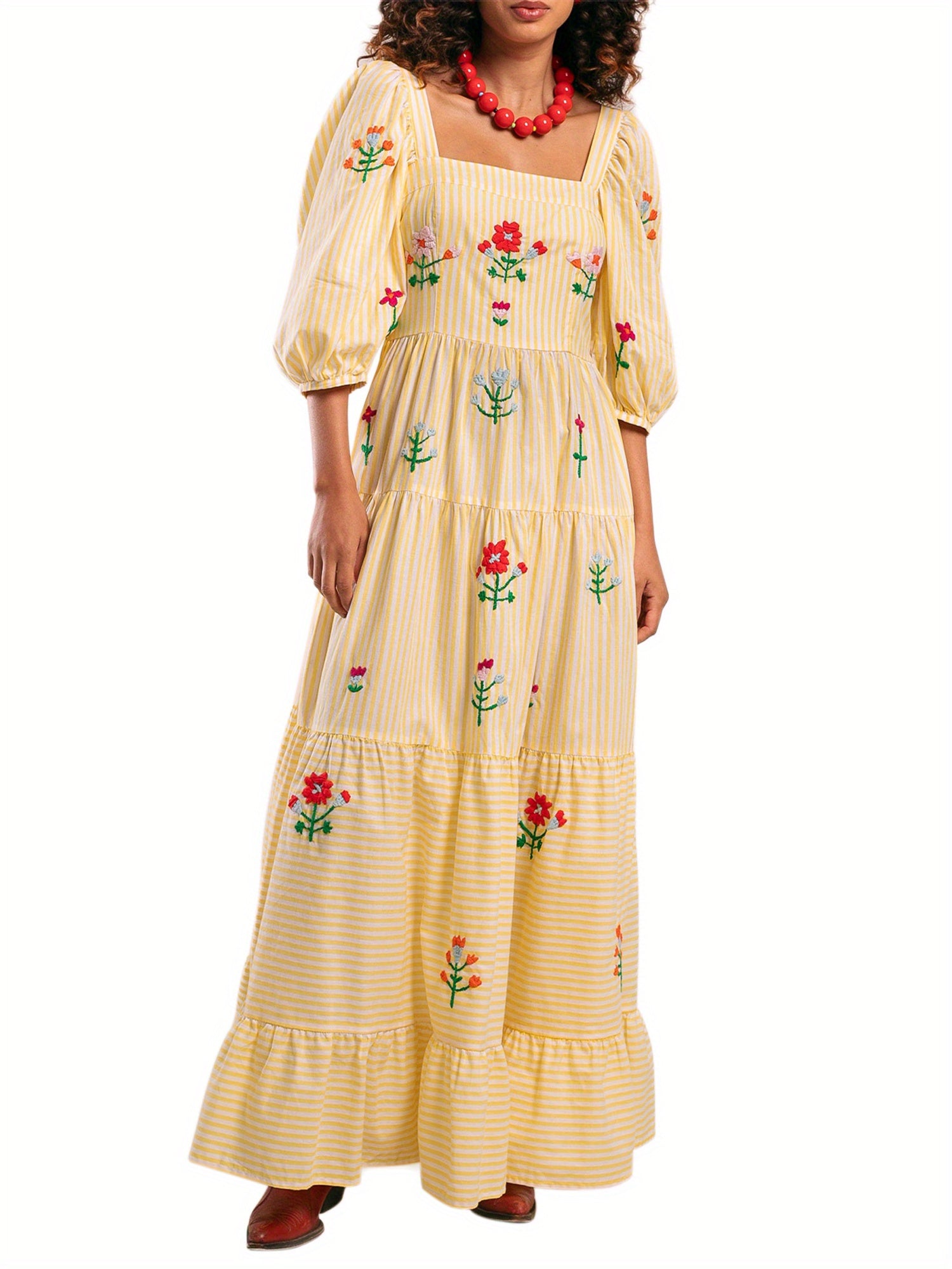 Women Long Dress Embroidery Smocked Square Neck Elbow-Length Sleeve Backless Flowy Dresses