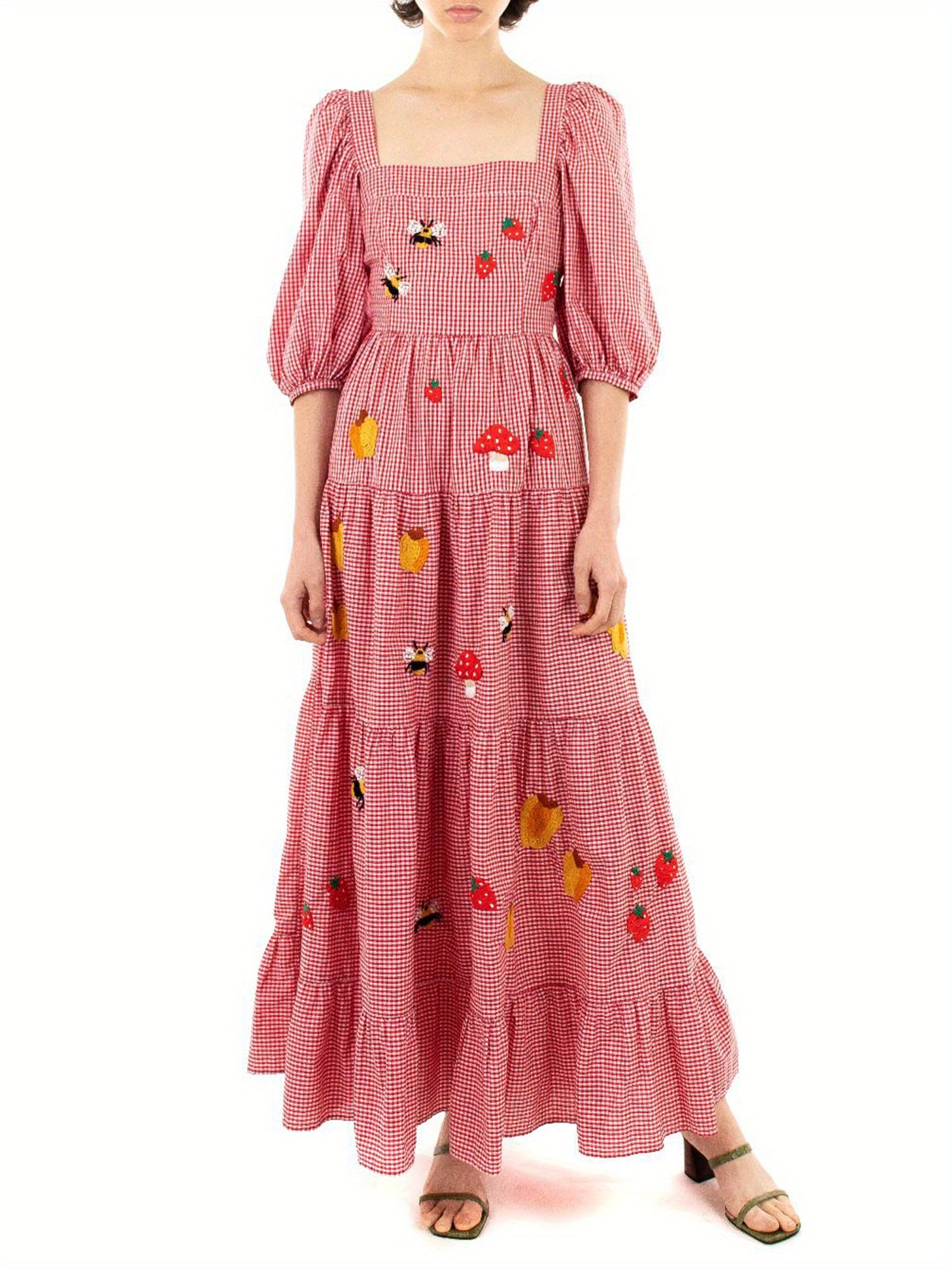 Women Long Dress Embroidery Smocked Square Neck Elbow-Length Sleeve Backless Flowy Dresses