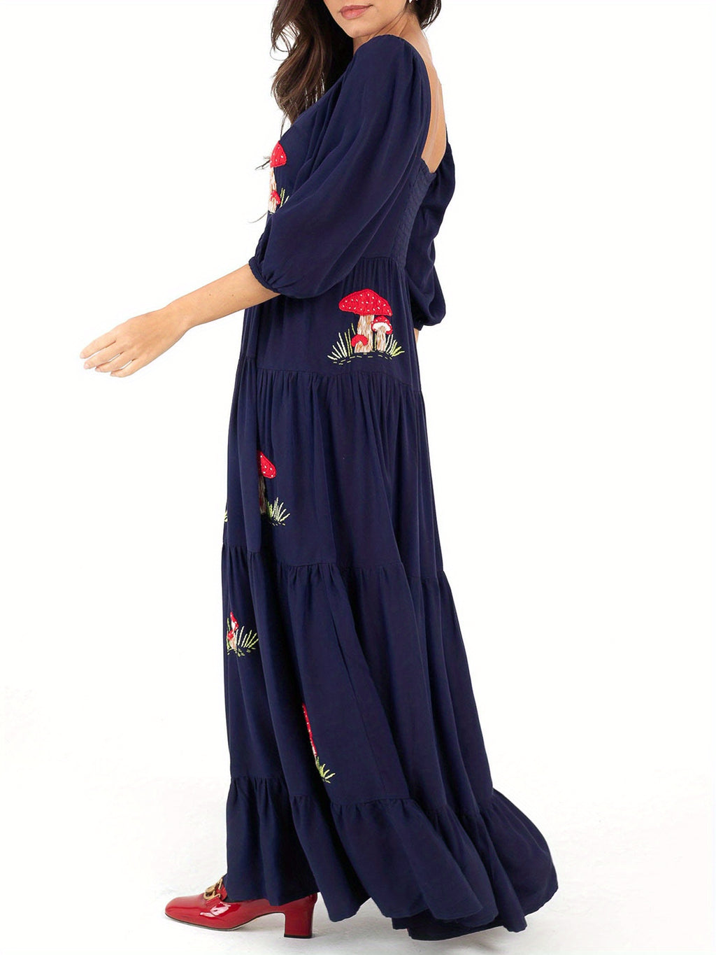 Women Long Dress Embroidery Smocked Square Neck Elbow-Length Sleeve Backless Flowy Dresses