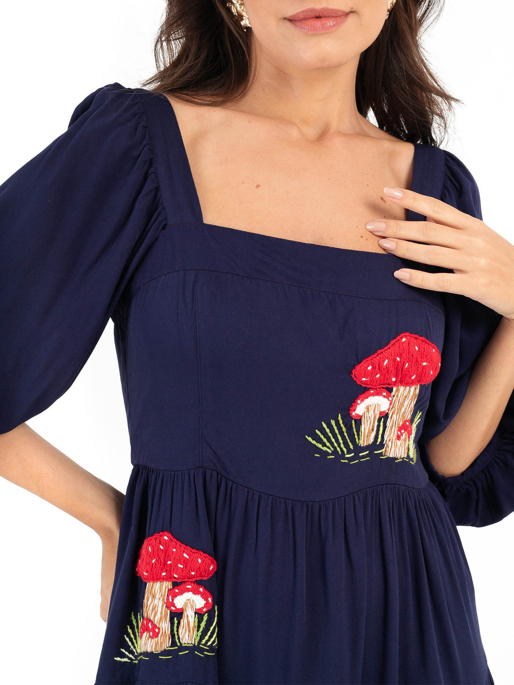 Women Long Dress Embroidery Smocked Square Neck Elbow-Length Sleeve Backless Flowy Dresses