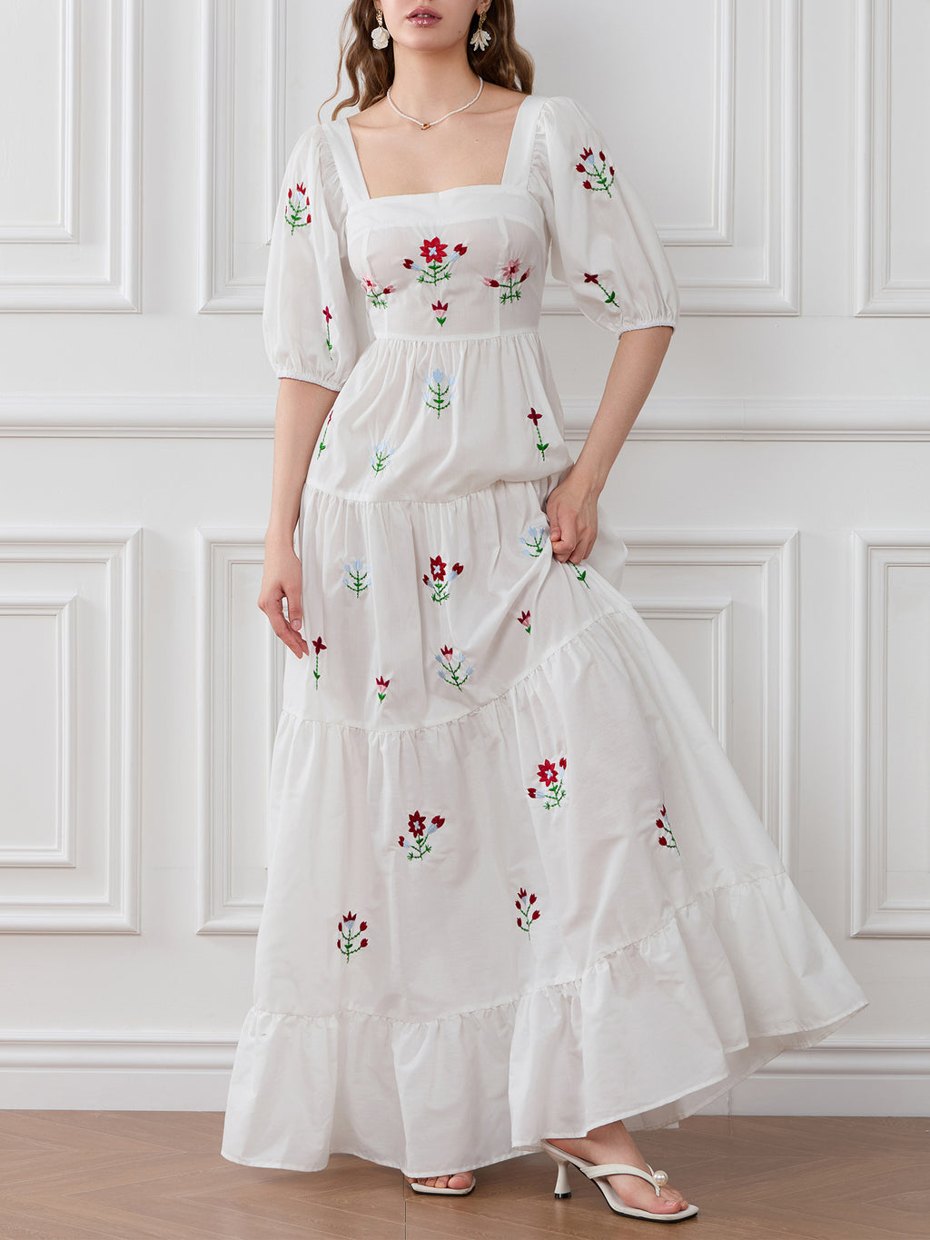 Women Long Dress Embroidery Smocked Square Neck Elbow-Length Sleeve Backless Flowy Dresses