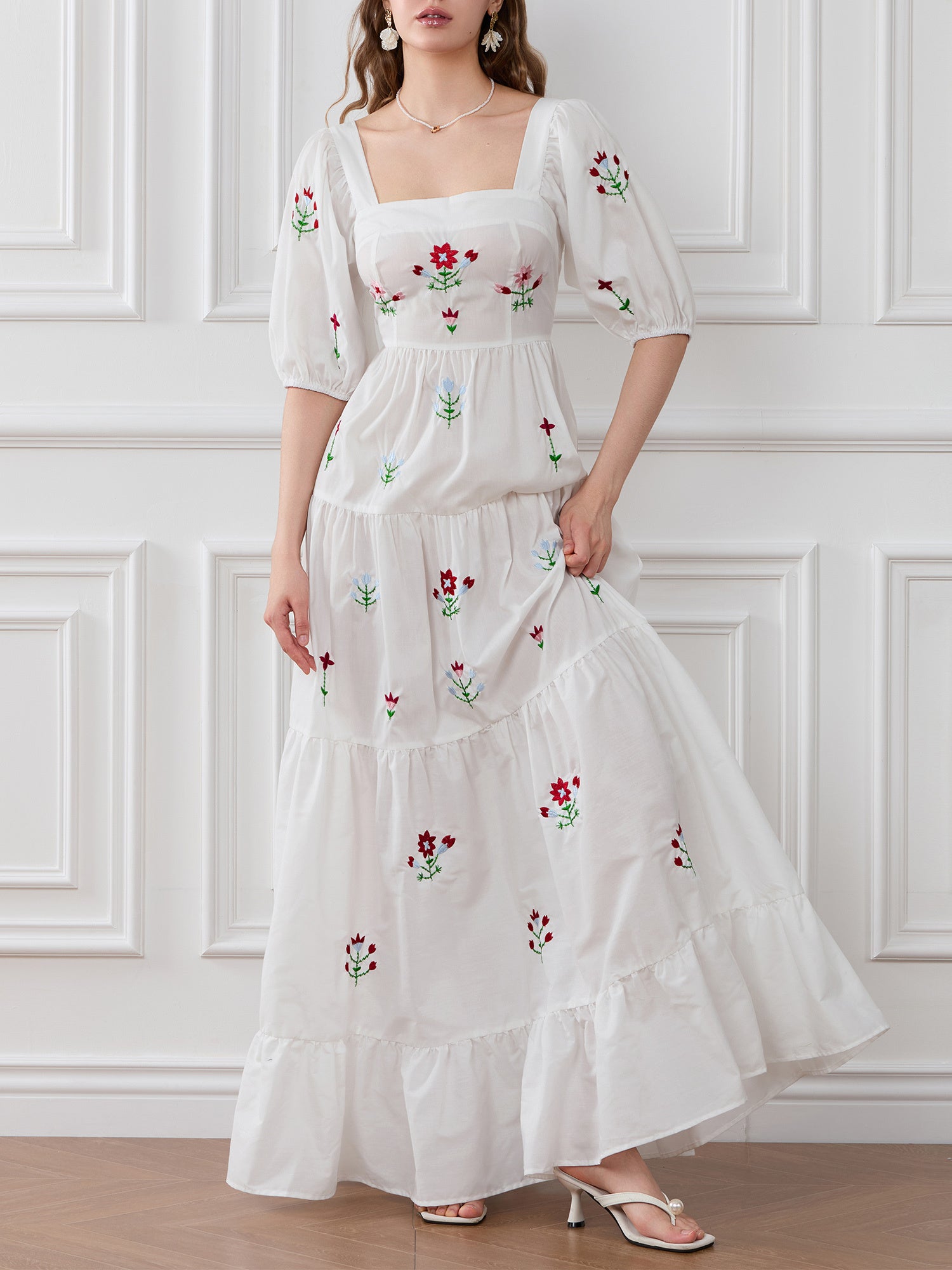 Women Long Dress Embroidery Smocked Square Neck Elbow-Length Sleeve Backless Flowy Dresses