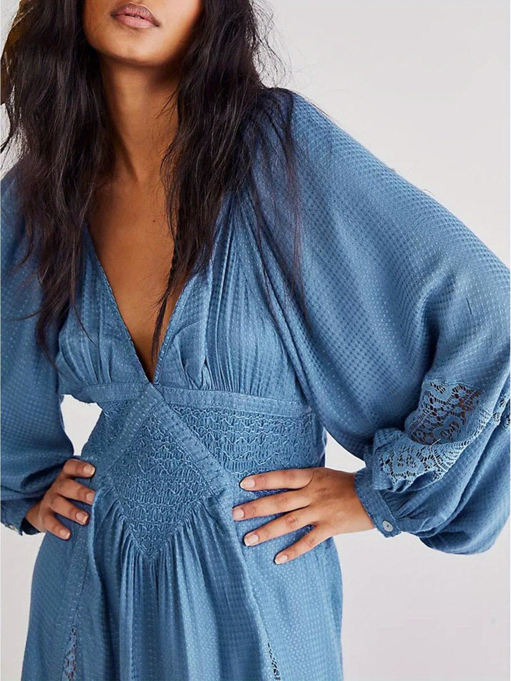 Elegant Blue V-Neck Long Sleeve Dress with Lace Patchwork and Ruffled Hem - Ankle-Length Party Swing Dress for Women, Machine Washable, Fashionable Outfit|Elegant Swing Dress|Smooth Lustrous Texture