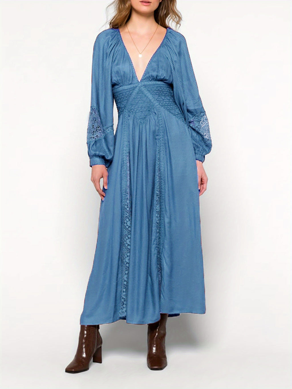 Elegant Blue V-Neck Long Sleeve Dress with Lace Patchwork and Ruffled Hem - Ankle-Length Party Swing Dress for Women, Machine Washable, Fashionable Outfit|Elegant Swing Dress|Smooth Lustrous Texture