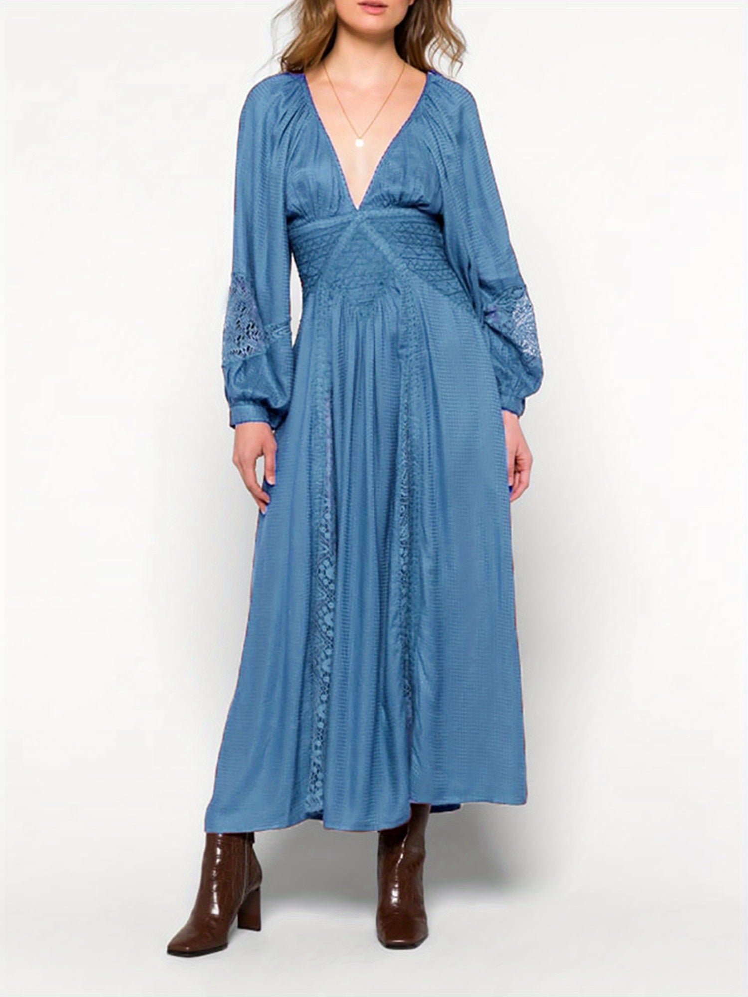 Elegant Blue V-Neck Long Sleeve Dress with Lace Patchwork and Ruffled Hem - Ankle-Length Party Swing Dress for Women, Machine Washable, Fashionable Outfit|Elegant Swing Dress|Smooth Lustrous Texture