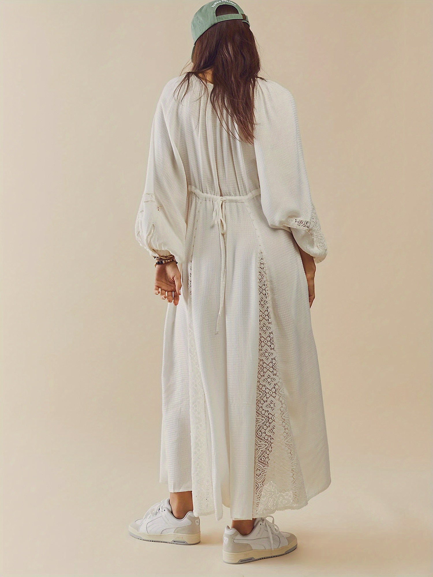 Elegant Blue V-Neck Long Sleeve Dress with Lace Patchwork and Ruffled Hem - Ankle-Length Party Swing Dress for Women, Machine Washable, Fashionable Outfit|Elegant Swing Dress|Smooth Lustrous Texture