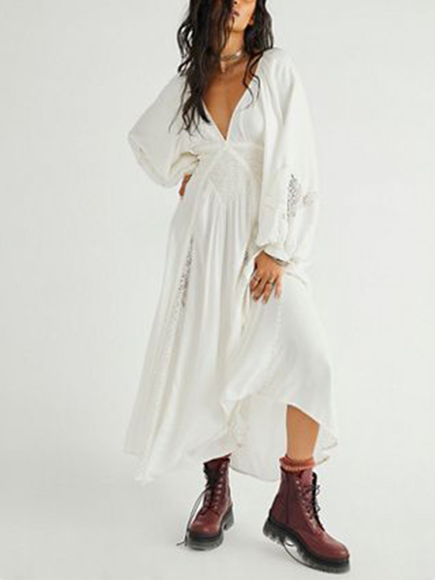 Elegant Blue V-Neck Long Sleeve Dress with Lace Patchwork and Ruffled Hem - Ankle-Length Party Swing Dress for Women, Machine Washable, Fashionable Outfit|Elegant Swing Dress|Smooth Lustrous Texture