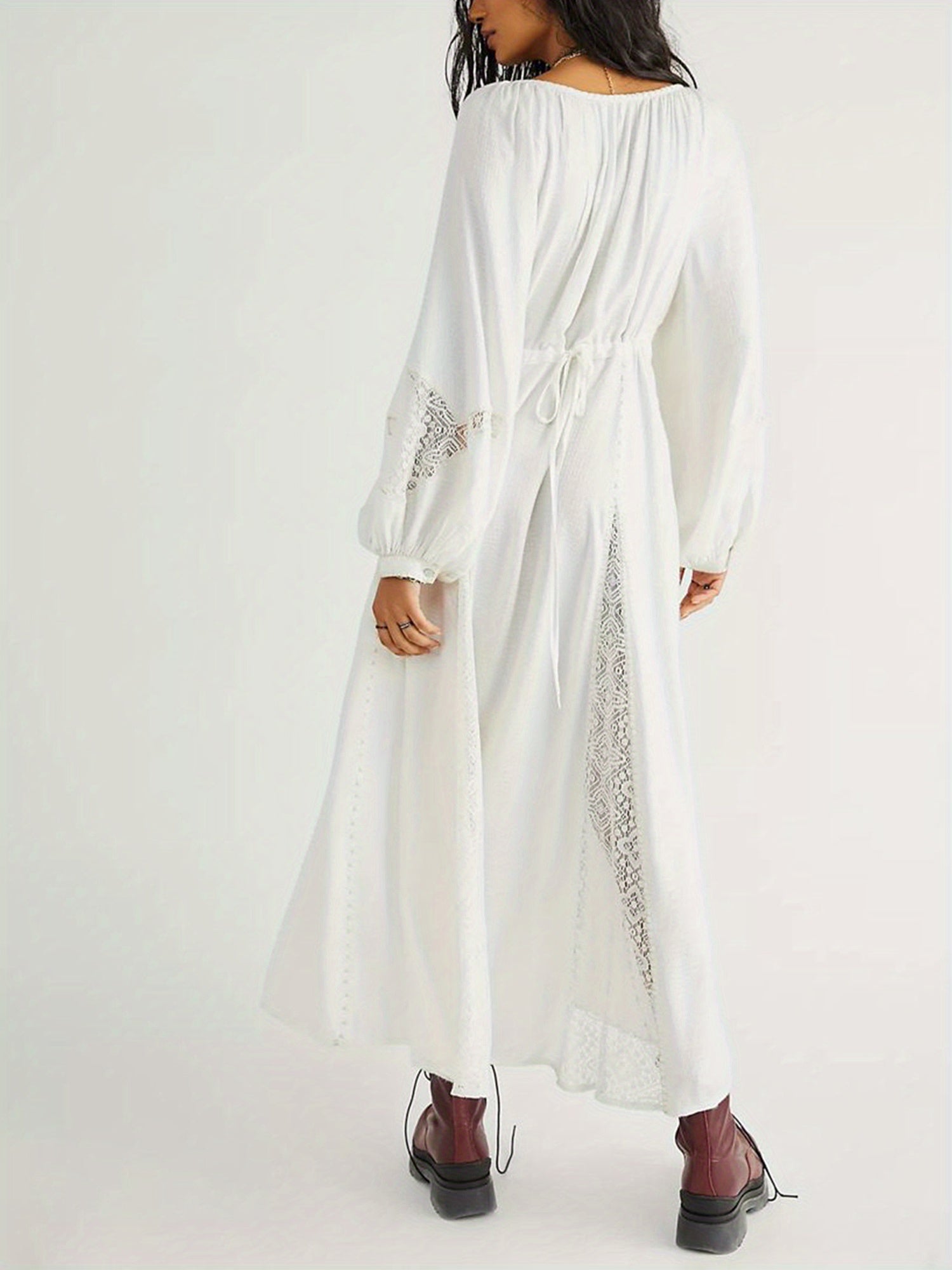 Elegant Blue V-Neck Long Sleeve Dress with Lace Patchwork and Ruffled Hem - Ankle-Length Party Swing Dress for Women, Machine Washable, Fashionable Outfit|Elegant Swing Dress|Smooth Lustrous Texture