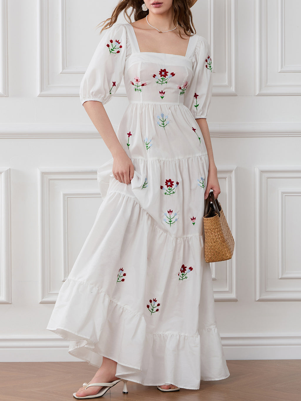 Women Long Dress Embroidery Smocked Square Neck Elbow-Length Sleeve Backless Flowy Dresses