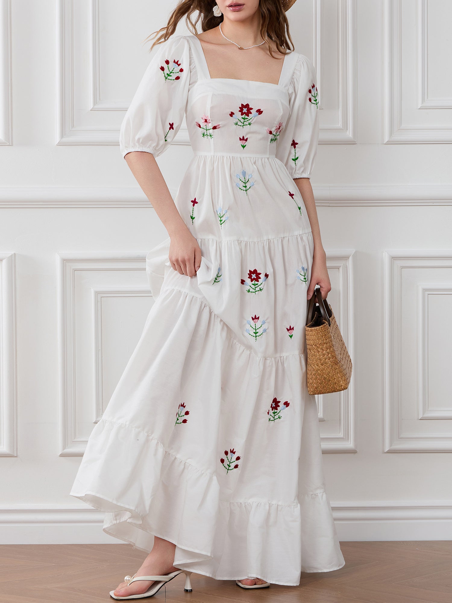 Women Long Dress Embroidery Smocked Square Neck Elbow-Length Sleeve Backless Flowy Dresses