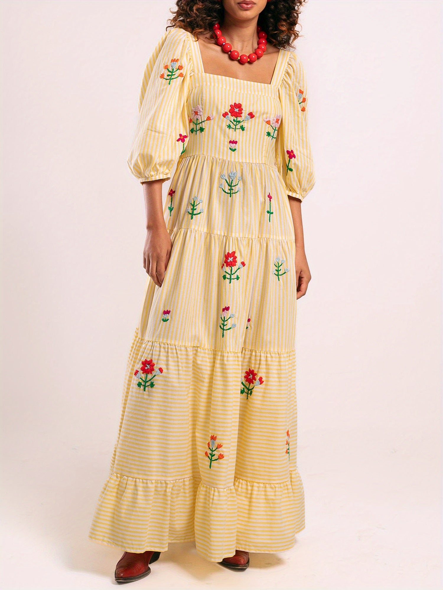 Women Long Dress Embroidery Smocked Square Neck Elbow-Length Sleeve Backless Flowy Dresses