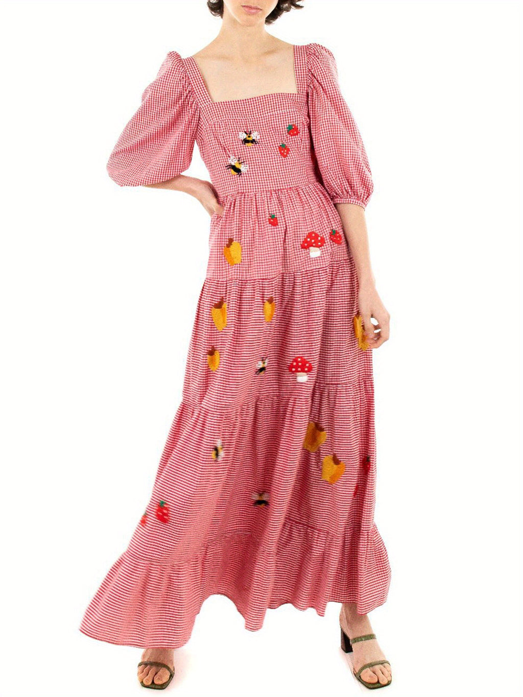 Women Long Dress Embroidery Smocked Square Neck Elbow-Length Sleeve Backless Flowy Dresses