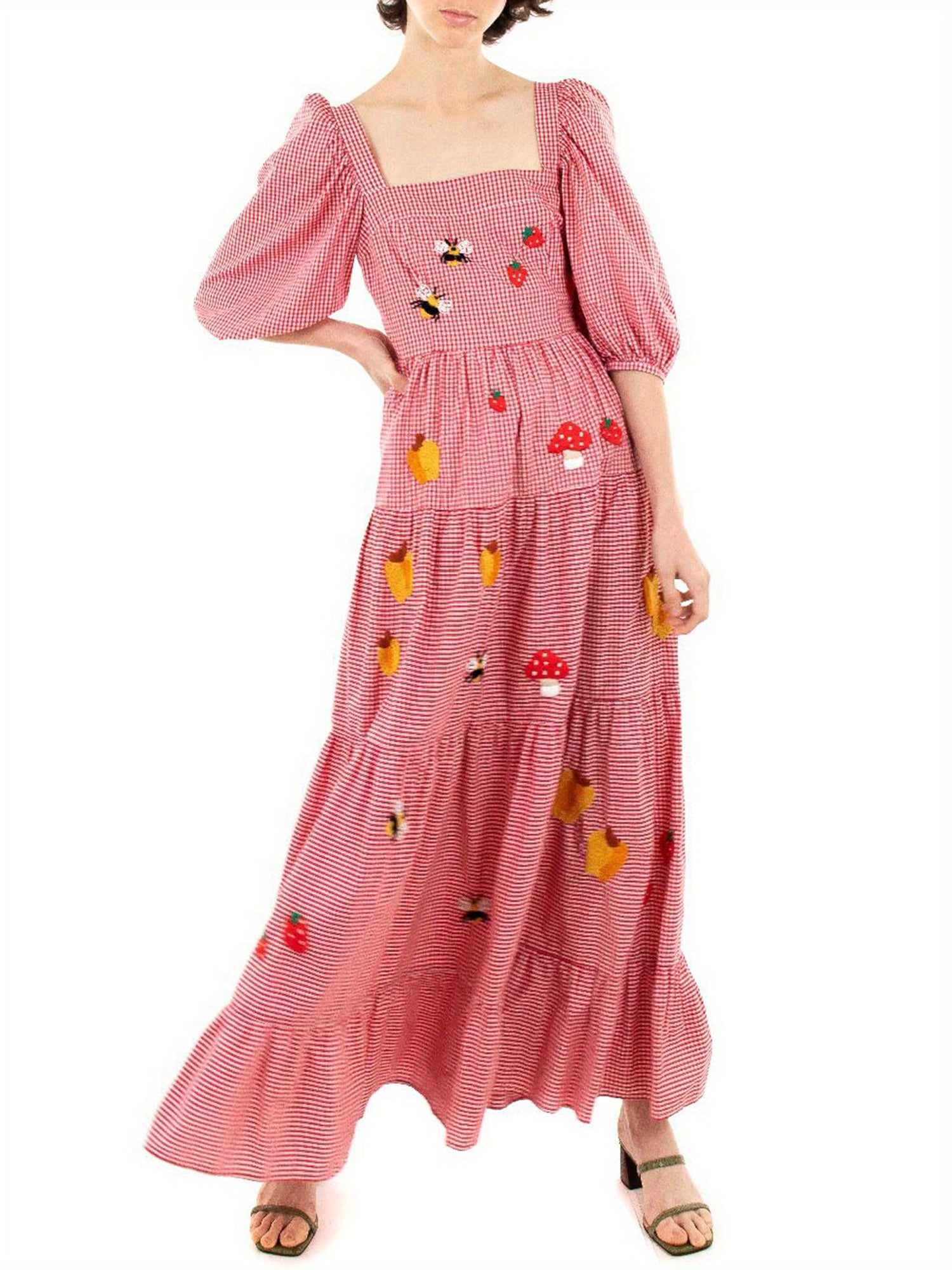 Women Long Dress Embroidery Smocked Square Neck Elbow-Length Sleeve Backless Flowy Dresses