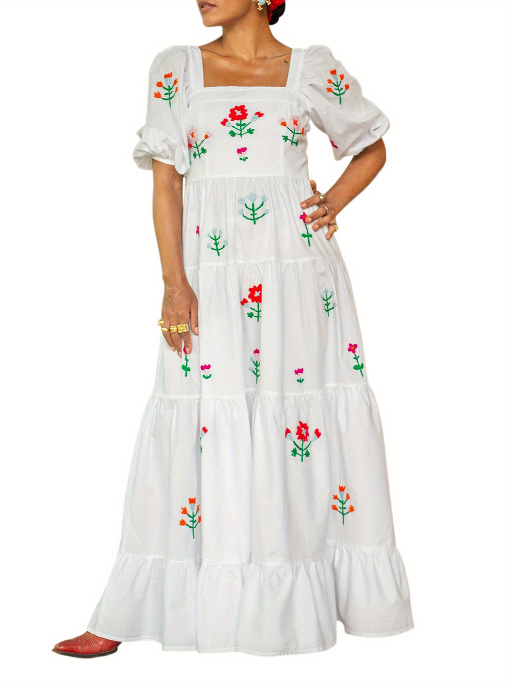 Women Long Dress Embroidery Smocked Square Neck Elbow-Length Sleeve Backless Flowy Dresses