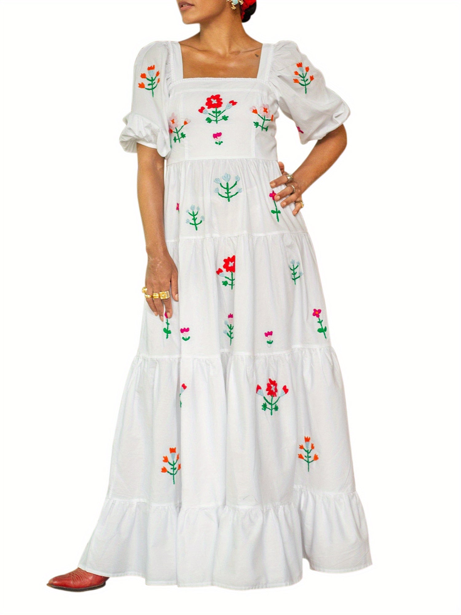 Women Long Dress Embroidery Smocked Square Neck Elbow-Length Sleeve Backless Flowy Dresses