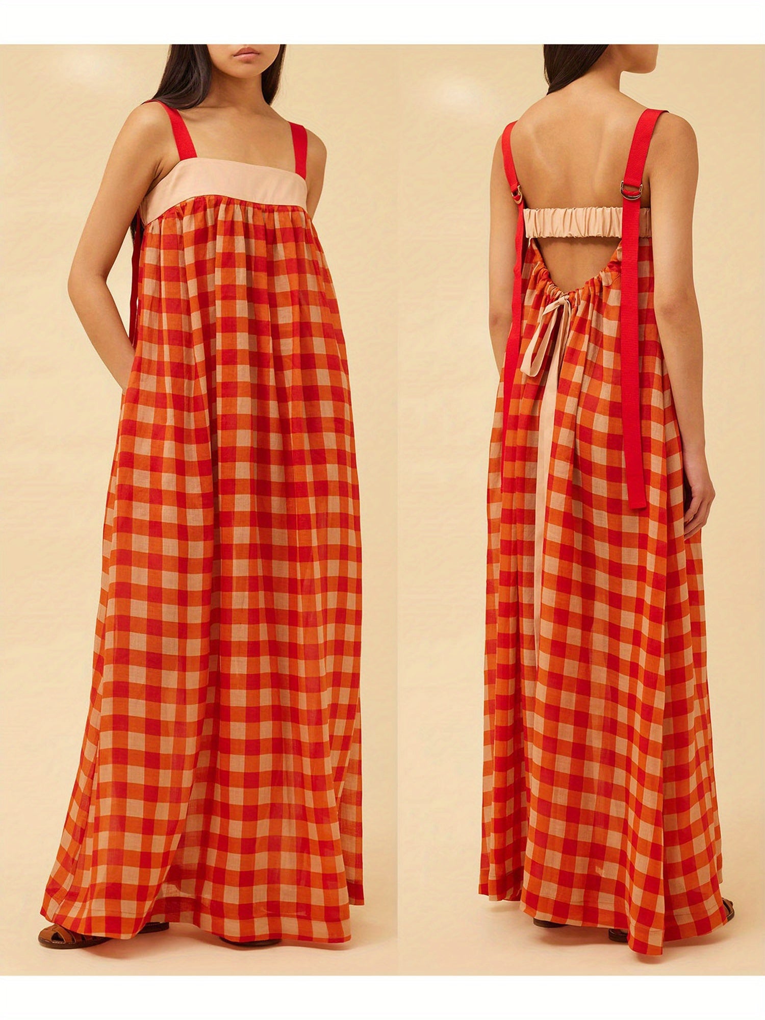 Women Slip Dress, Sleeveless Plaid Dress Summer Swing Dress Long Dress for Vacation