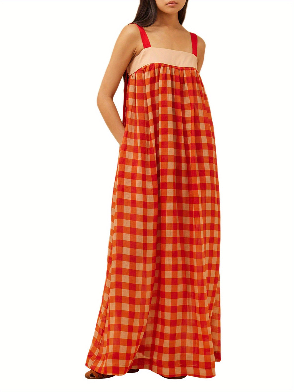 Women Slip Dress, Sleeveless Plaid Dress Summer Swing Dress Long Dress for Vacation