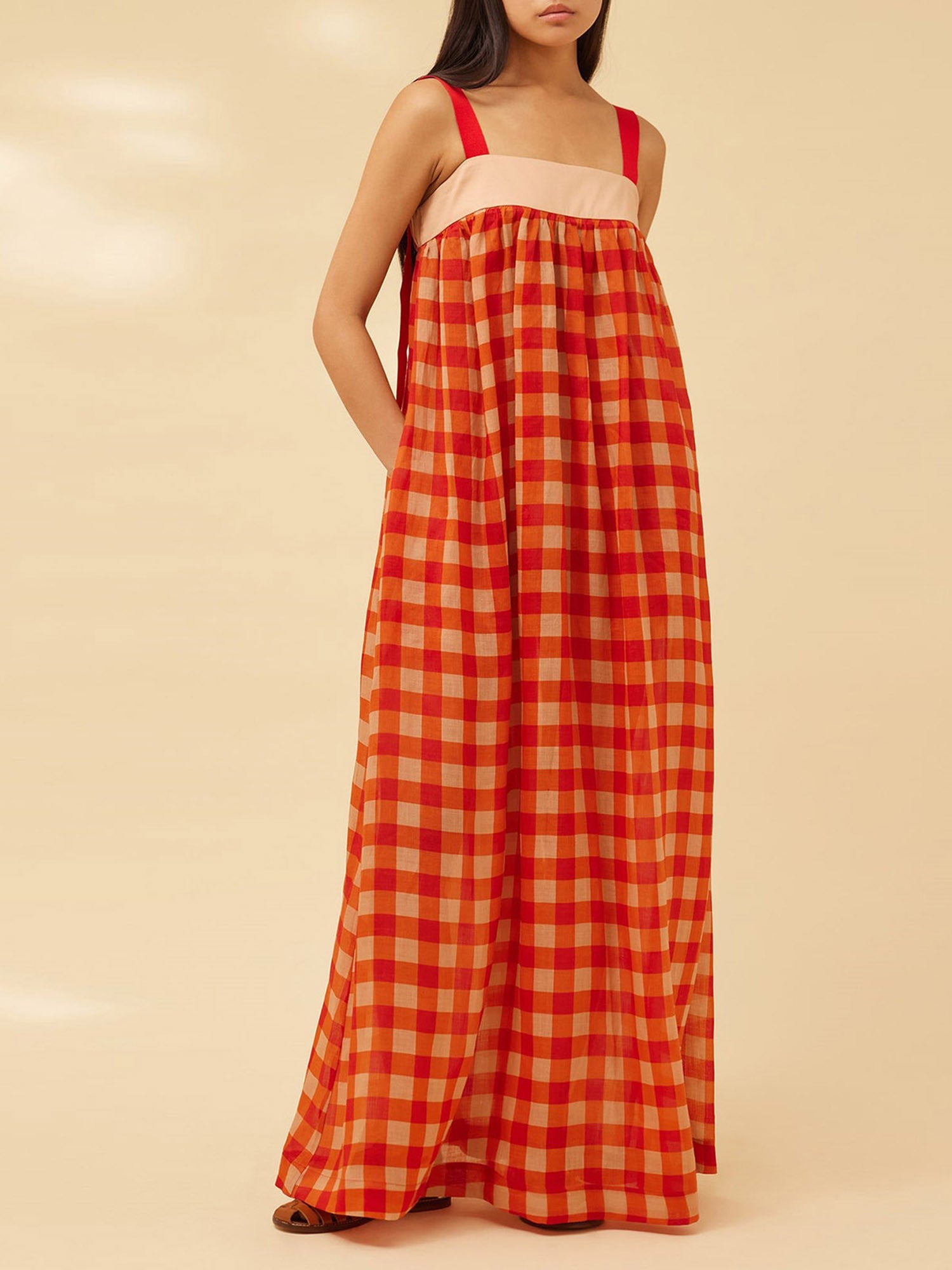 Women Slip Dress, Sleeveless Plaid Dress Summer Swing Dress Long Dress for Vacation