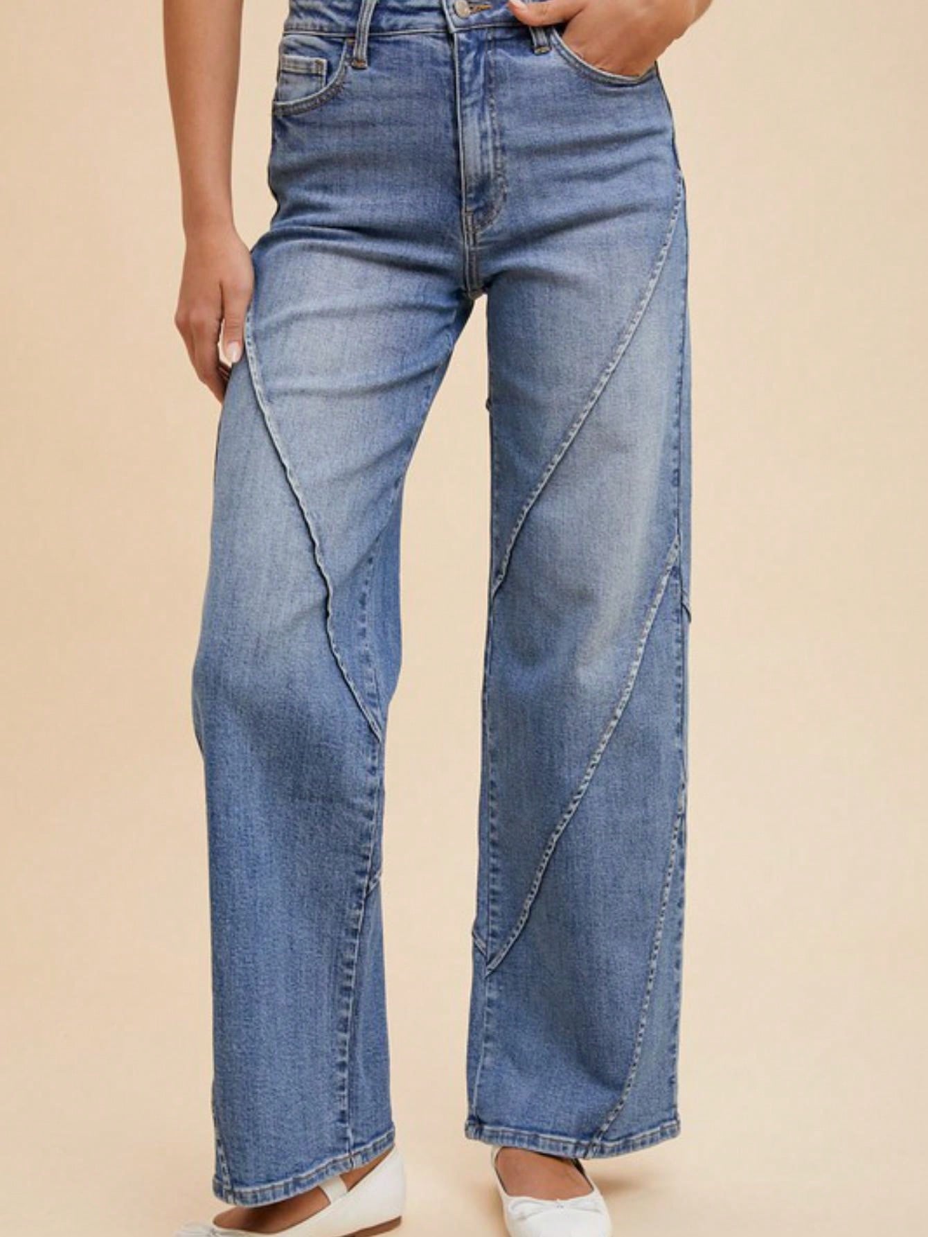 Womens Casual Denim Chic Diagonal Seam Design Wide Leg Jeans Light Blue High Waisted Retro Style Flared Bottom Pants with Vintage Wash Perfect for Daily Wear Street Style Fashion All Season Statement Bottoms