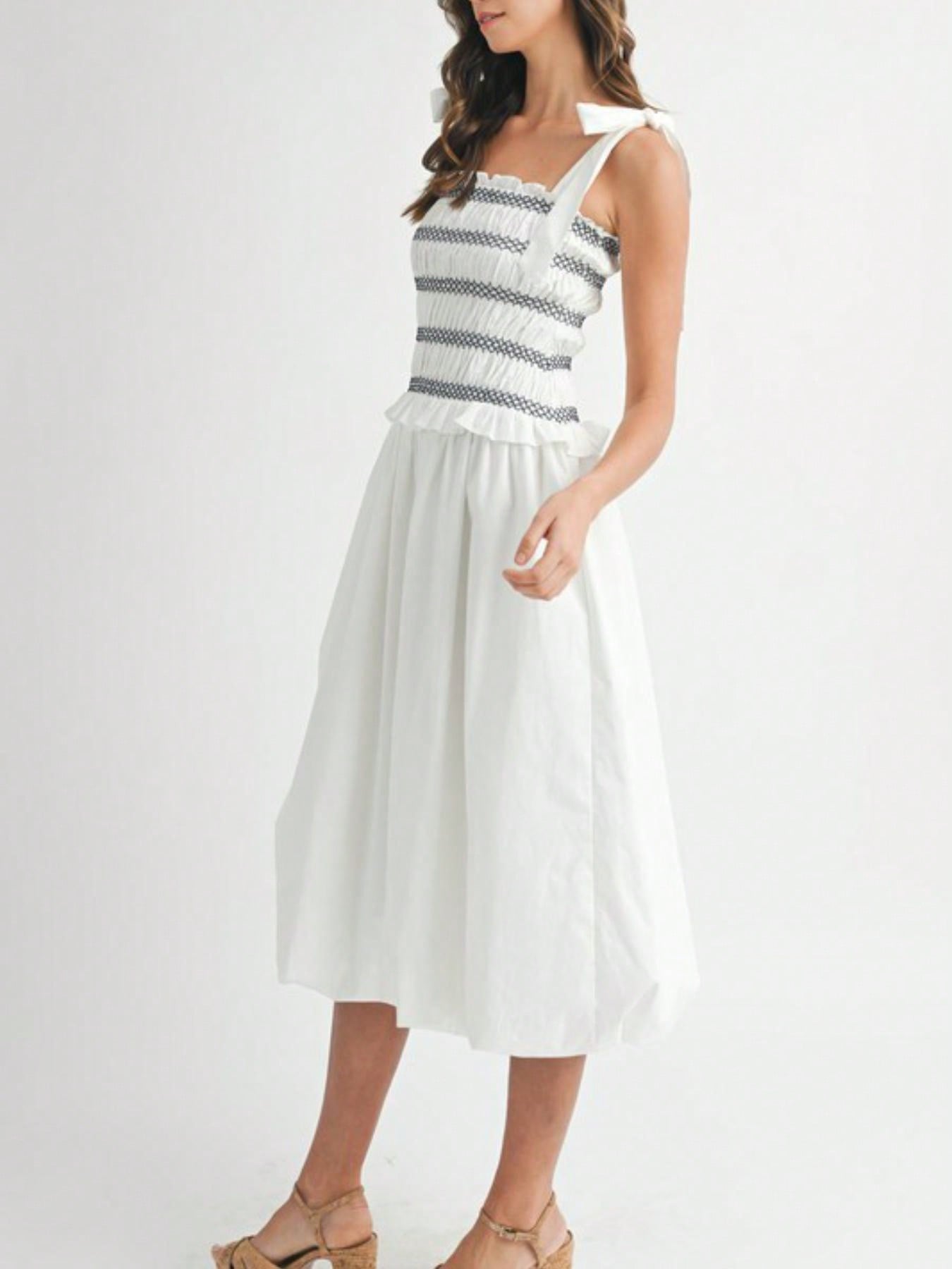 Womens Casual Summer Romantic Chic Smocked Striped Bow Shoulder Midi Dress White Square Neck Sleeveless Flared Skirt Light Airy Beach Vacation Party Sundress