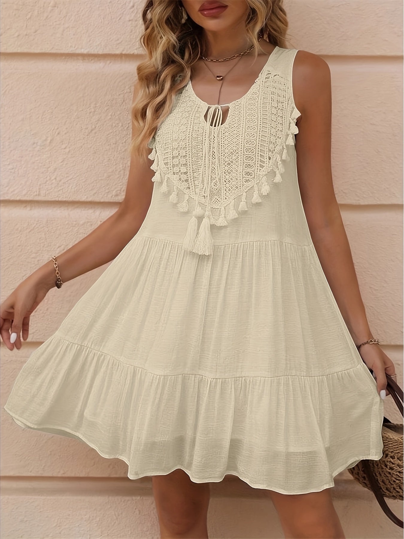 Plus Size, Women's Fringe Lace U-Neck Sleeveless White Dress