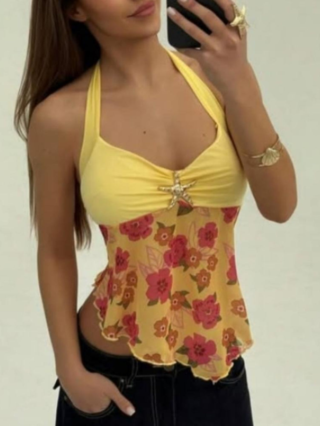 Women'S Starfish Halter Top - Adjustable Off-Shoulder Beach Vest for Vacations\u002FClubwear\u002FStreet Style, Stretchy Bohemian Summer Top with Anti-Slip Neckline