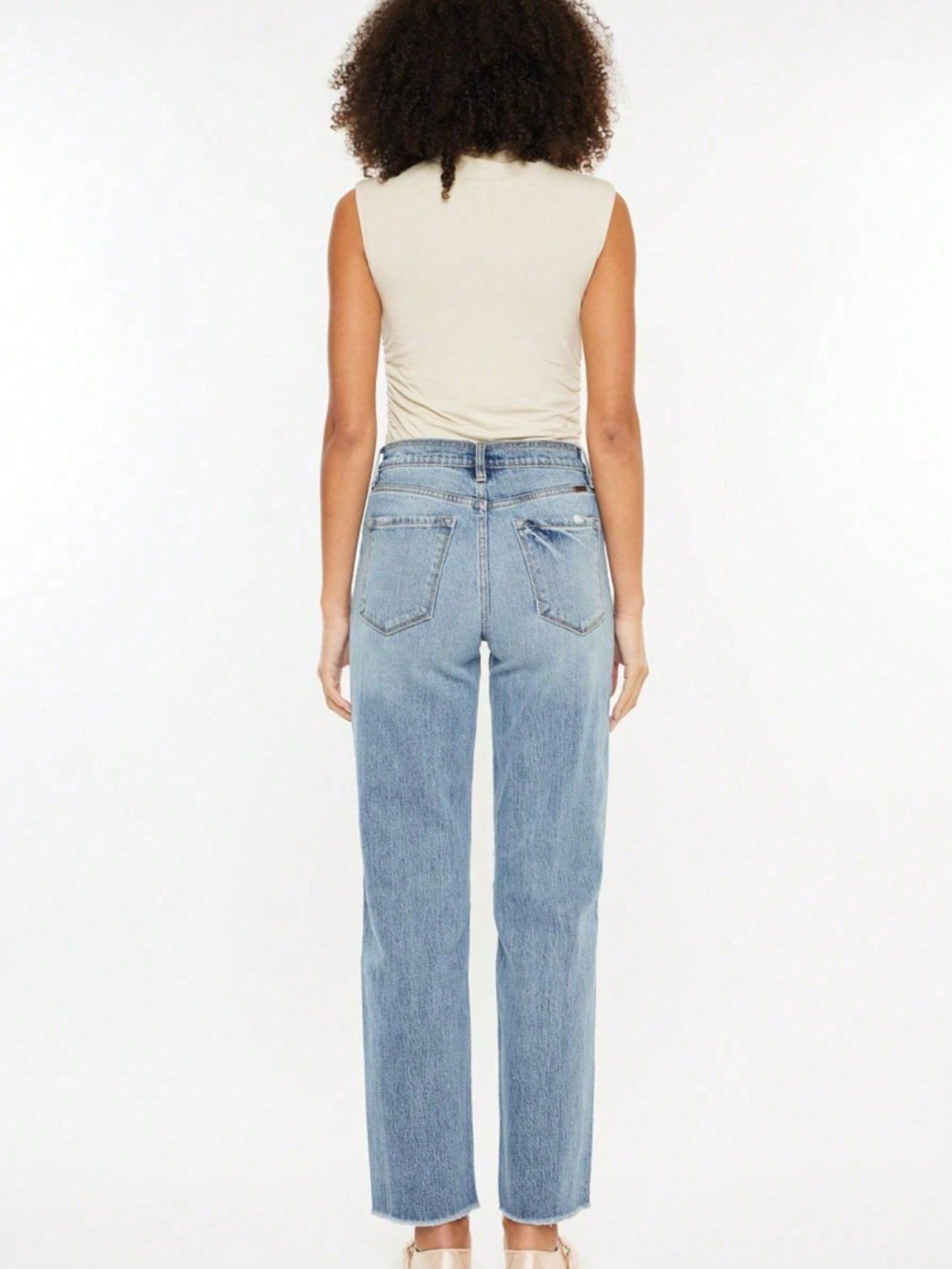 Women's Casual Boyfriend Jeans Retro Ultra High Rise Distressed Straight-Leg Denim Pants Medium Wash Full-Length Frayed Hem Classic 5-Pocket Zipper And Button Closure Ideal for Spring\u002FSummer\u002FFall Everyday Wear or Outings