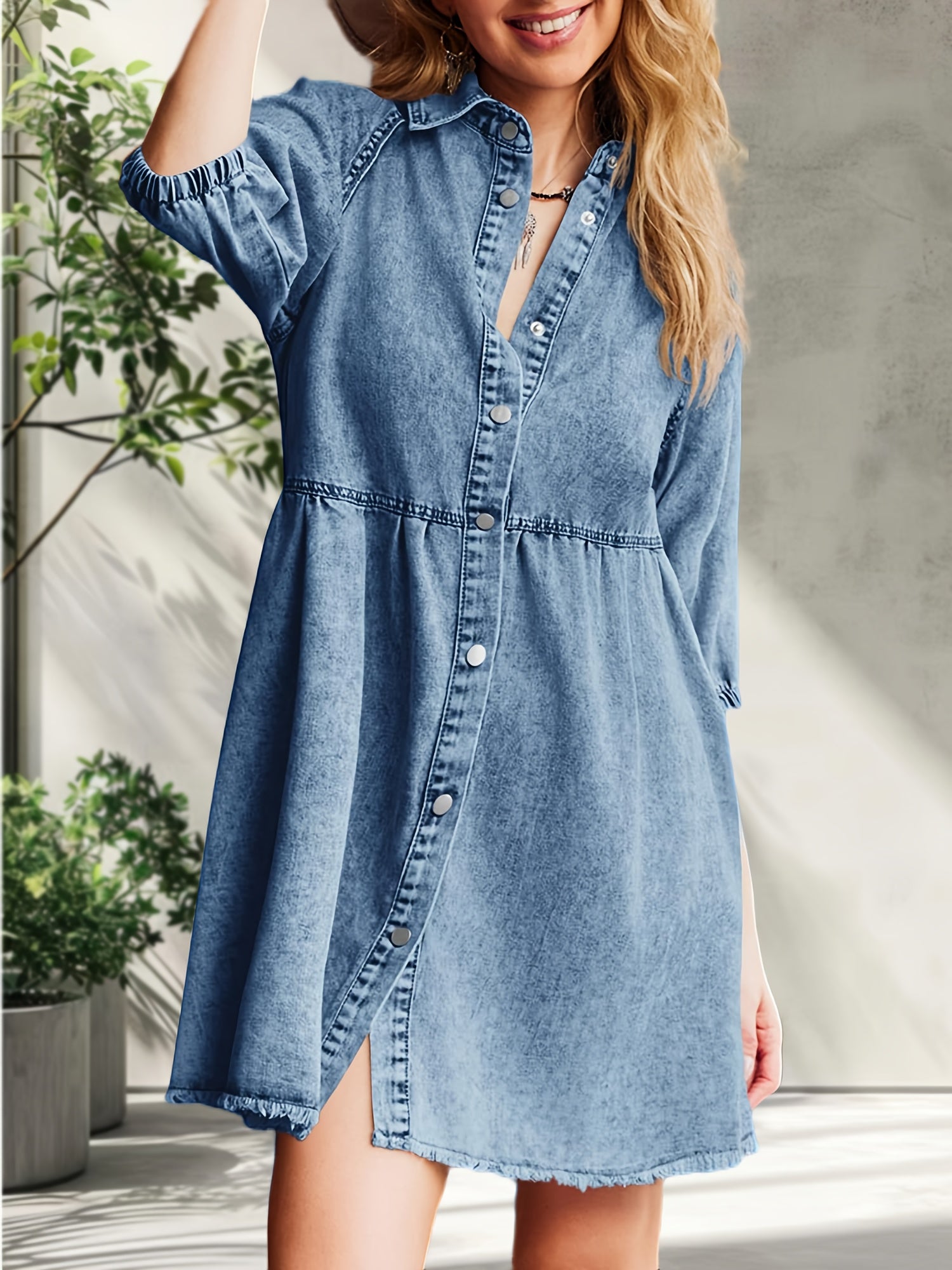 Womens Puff Sleeve Summer Denim Dress Button Short Sleeve Babydoll Dress Flowy Jean Dress