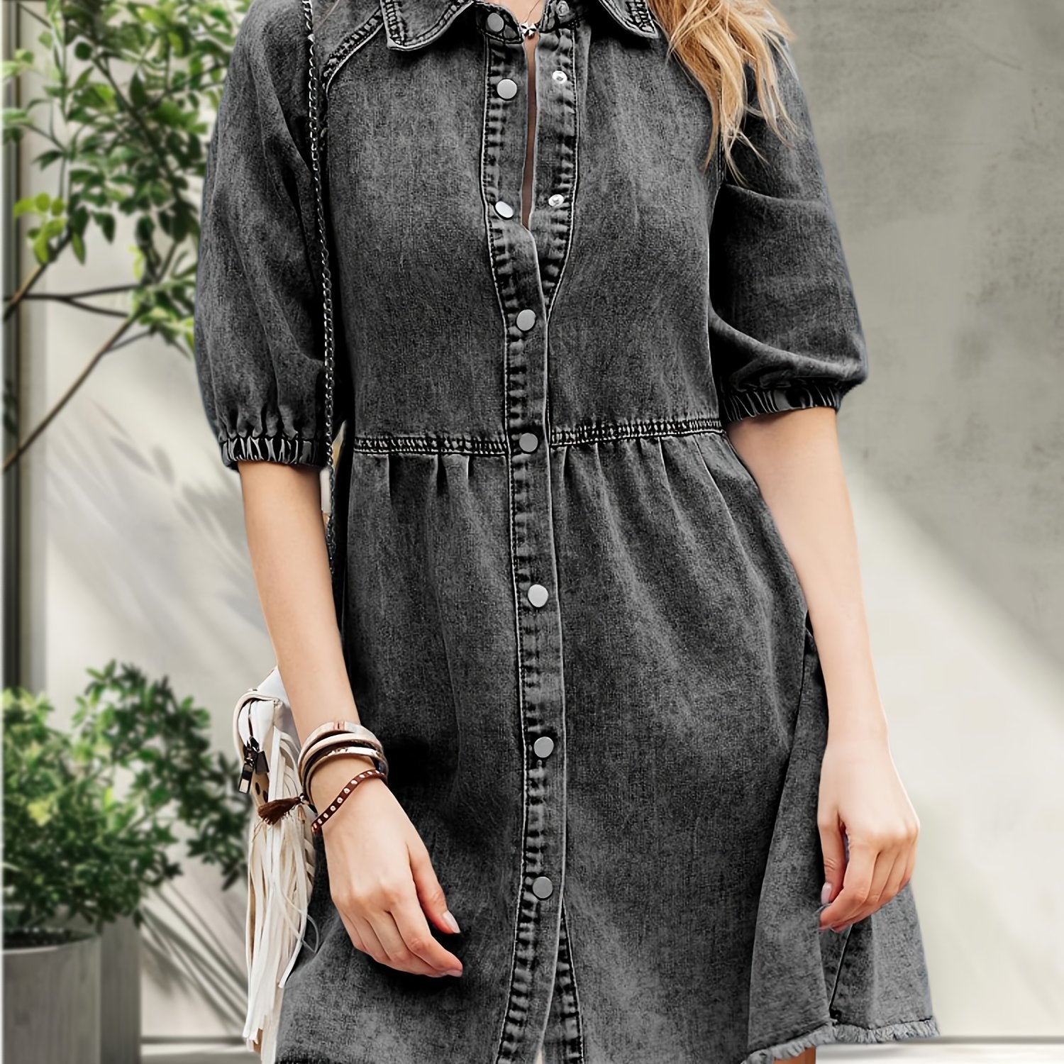 Womens Puff Sleeve Summer Denim Dress Button Short Sleeve Babydoll Dress Flowy Jean Dress