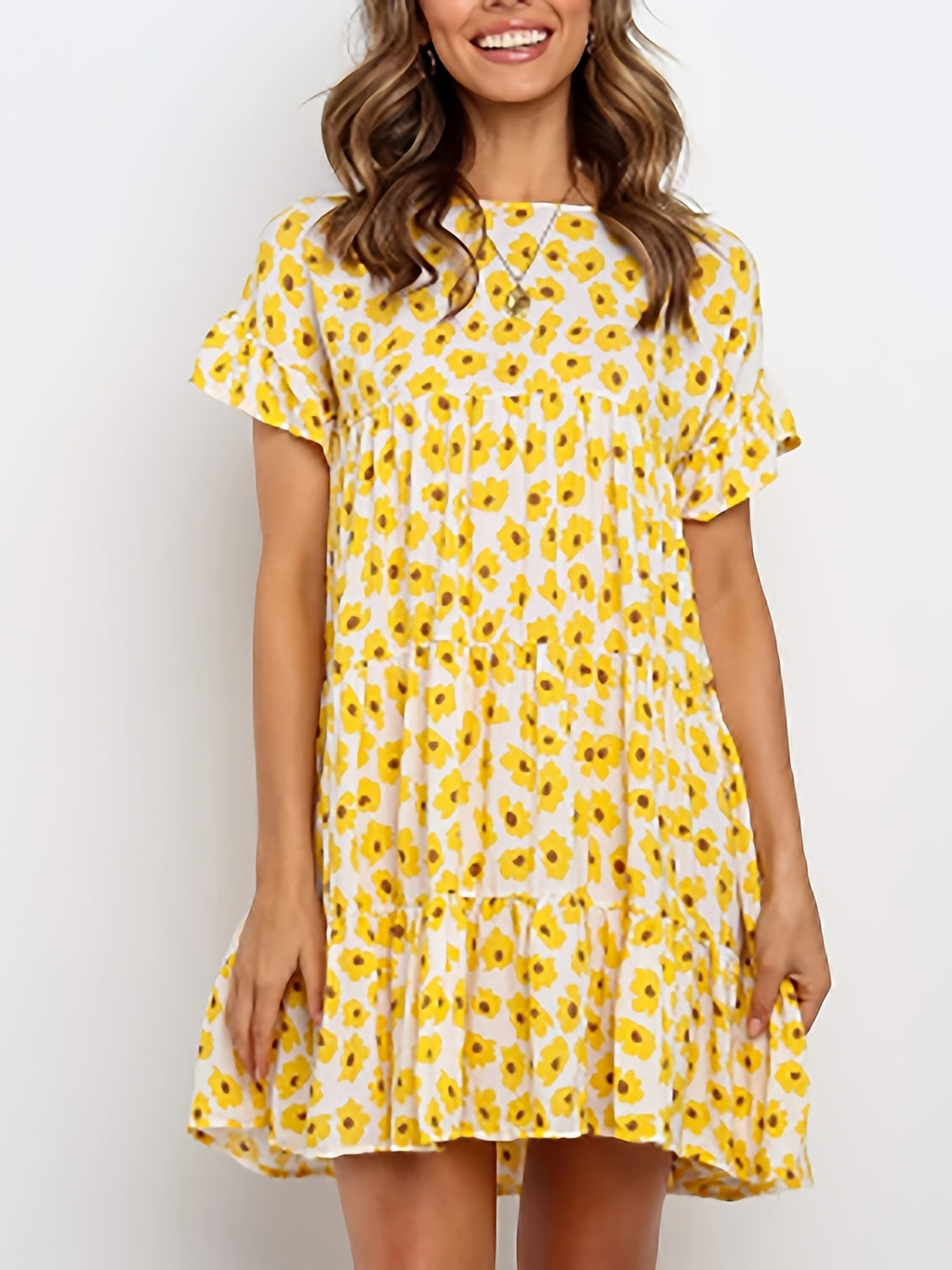 Women'S Boho Floral Print Short Sleeve T-Shirt Dress - Casual Ruffled Hem, Loose Swing Fit, Round Neck, Lightweight Summer Dress for Casual Attire, Boho Dress