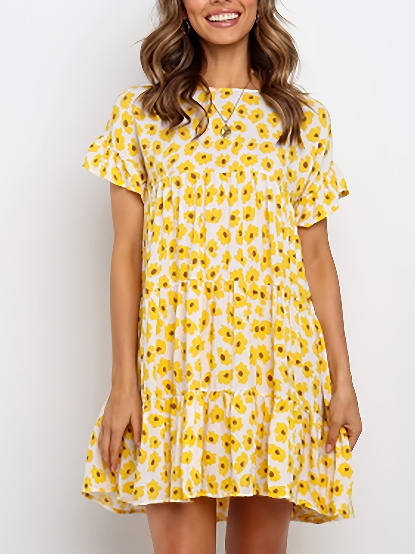 Women'S Boho Floral Print Short Sleeve T-Shirt Dress - Casual Ruffled Hem, Loose Swing Fit, Round Neck, Lightweight Summer Dress for Casual Attire, Boho Dress