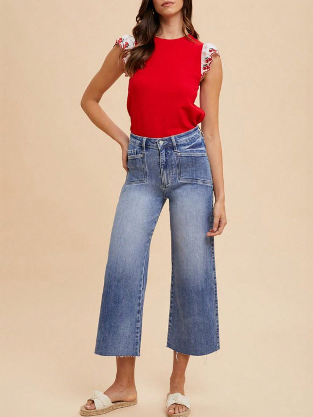 Womens Casual Wide Leg Chic Vintage Wash Raw Hem Cropped Jeans High Waisted Denim Pants Classic Straight Cut Light Blue Distressed Summer Street Style Daily Wear Relaxed Fit Ankle Length