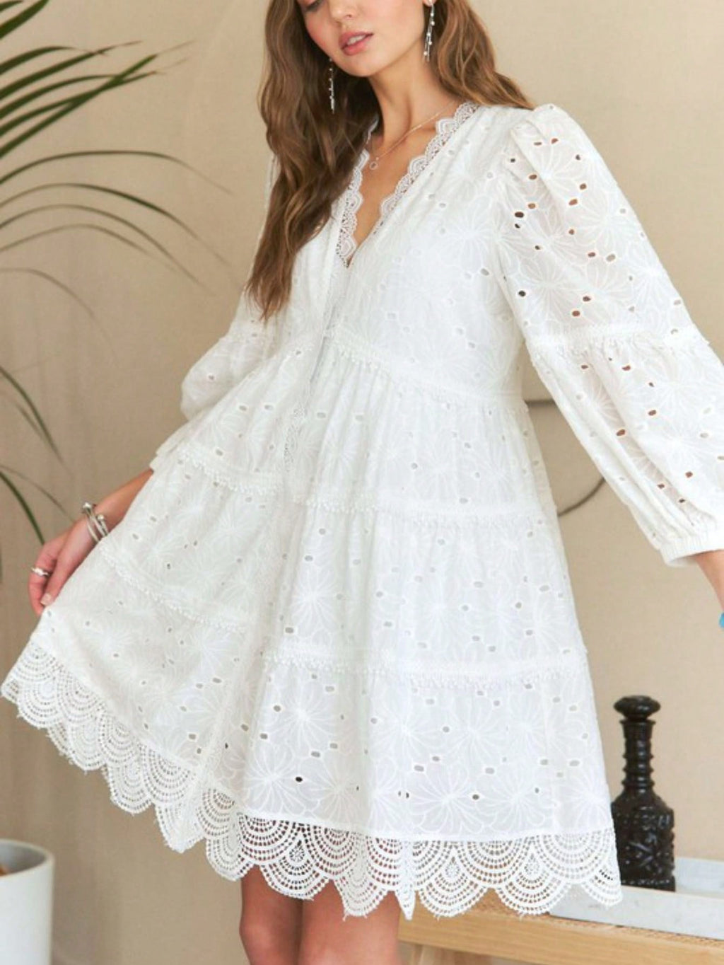 Womens Casual Boho Romantic Chic Eyelet Embroidered Lace Trim Tiered Babydoll Dress White Long Sleeve V Neck Above Knee Airy Flowy Summer Beach Wedding Guest Party Sundress