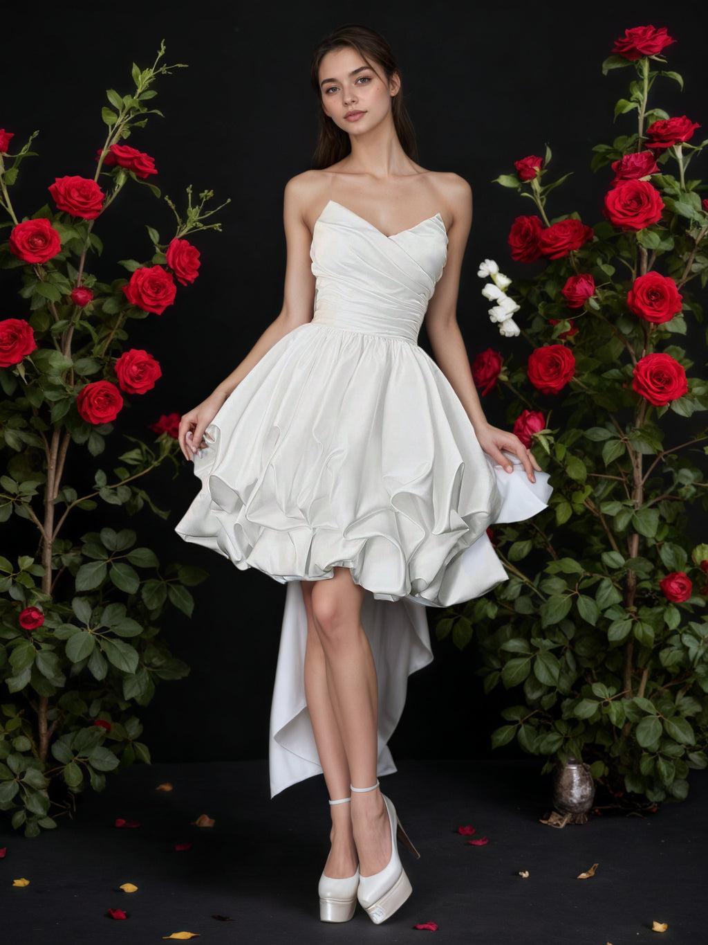 White Strapless Sweetheart Mini Dress With Bubble Hem And Back Bow Train, Elegant Short Prom Dress, Princess Birthday Gown, Cocktail Party Look, Dreamy Ruffle Formal Dress, Bridal Shower Outfit