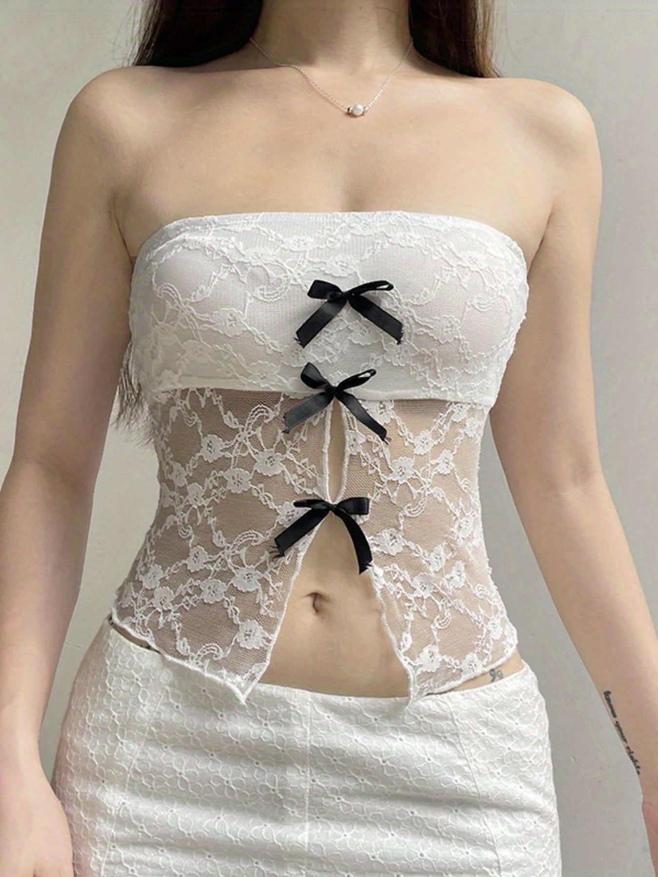 Women'S Summer Slim Tube Tops Sleeveless Off Shoulder Split Hem Bow Decor Lace Bandeau