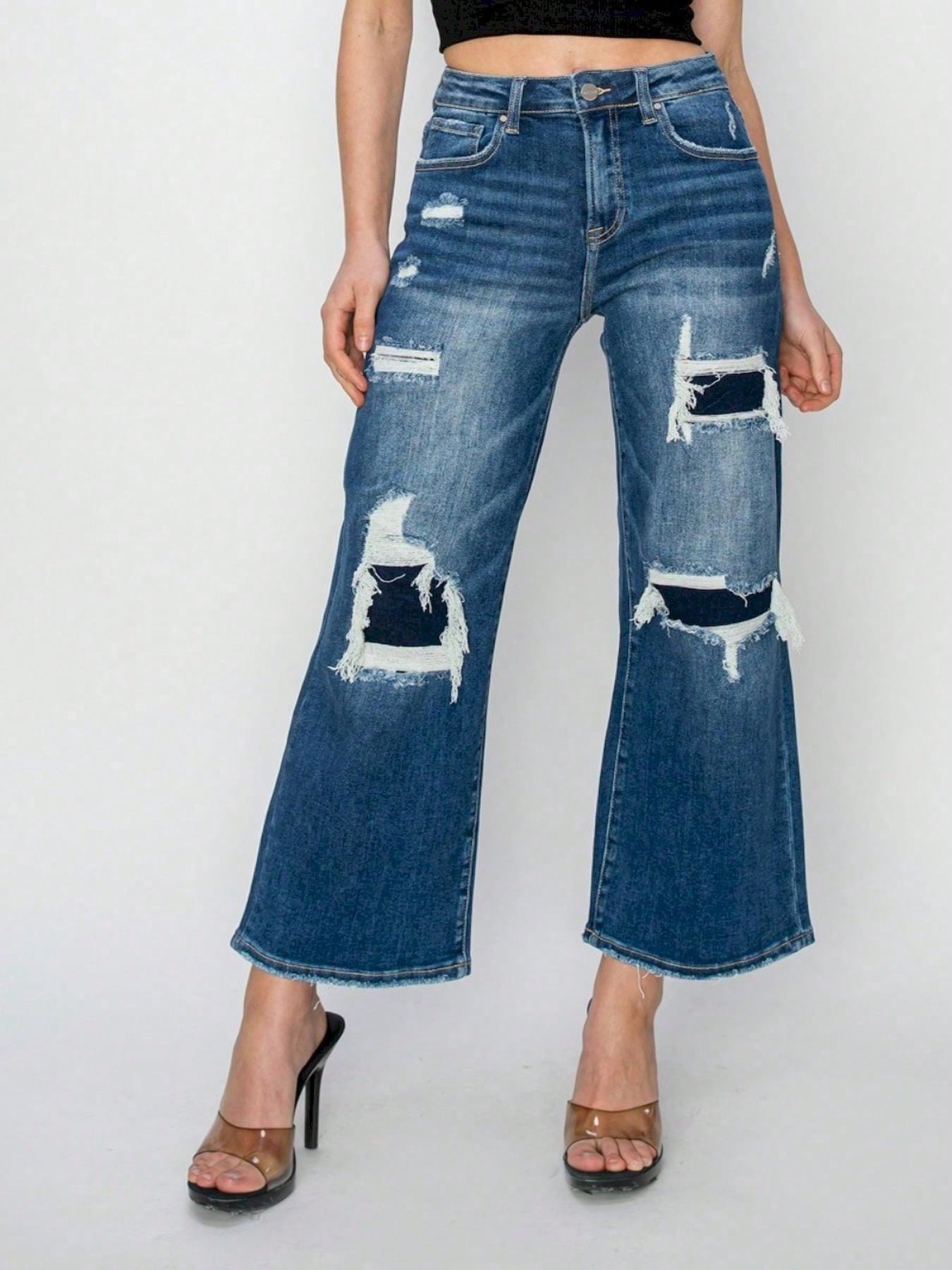 Women's Casual Crop Jeans High-Waisted Patch Detailed Wide Leg Denim Pants Washed Dark Blue Denim Ripped Details Cropped Length Button And Zipper Closure Casual Fit For Stylish Look
