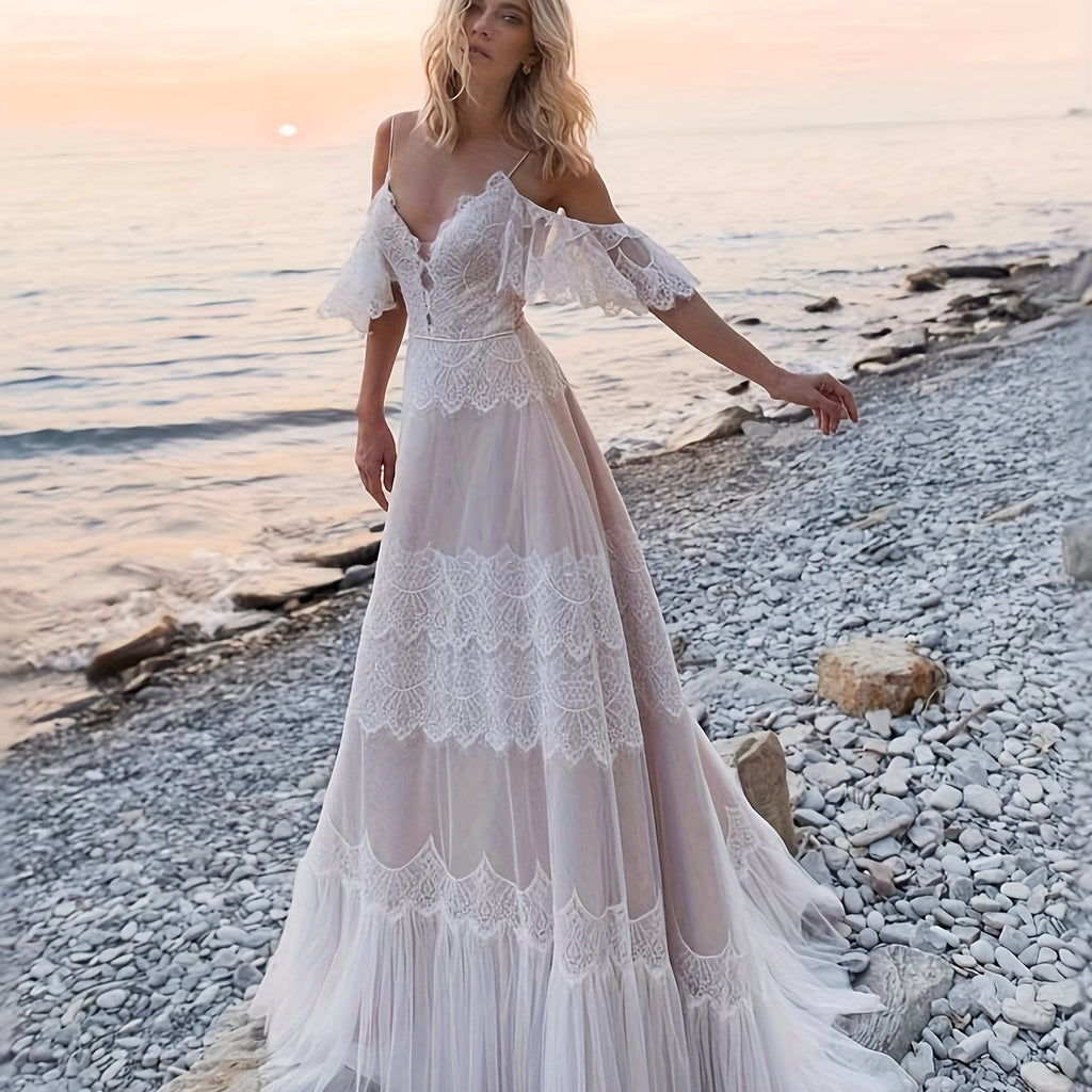 Elegant Off-Shoulder Lace Wedding Dress with Ruffled Sleeves and Long Train - V-Neck, Flowy Beach Bridesmaid Dress for Women, Perfect for Outdoor Ceremonies, Wedding Guest Attire|Elegant Offshoulder Design|Lace Detailing, Wedding Dresses for Bride