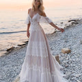 Elegant Off-Shoulder Lace Wedding Dress with Ruffled Sleeves and Long Train - V-Neck, Flowy Beach Bridesmaid Dress for Women, Perfect for Outdoor Ceremonies, Wedding Guest Attire|Elegant Offshoulder Design|Lace Detailing, Wedding Dresses for Bride