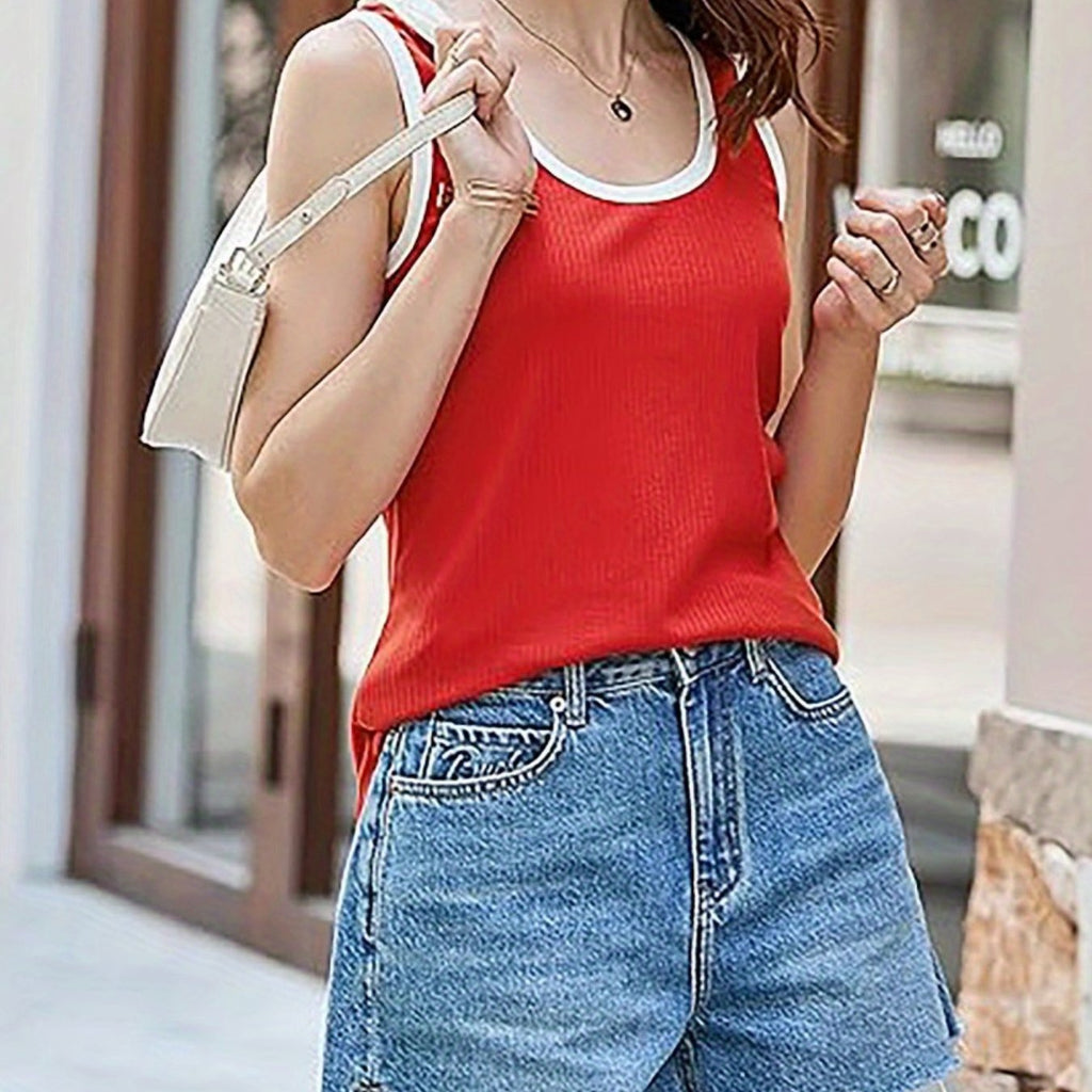Women Tank Tops Patchwork Round Neck Casual Vests Summer Sleeveless Tops Streetwear
