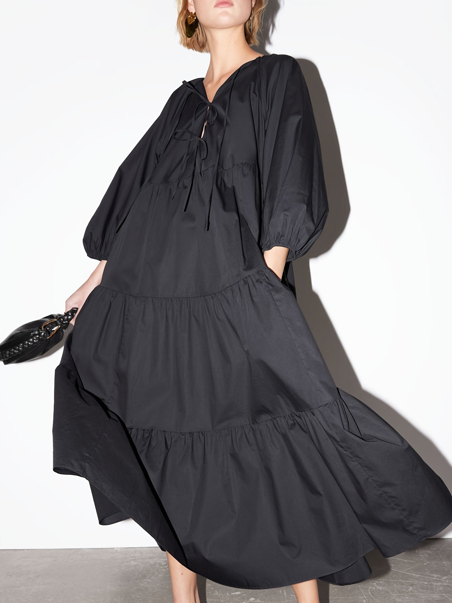 Women's Elegant Long Sleeve A-Line Midi Dress with Tie-Front Detail - Flowy Round Neck Solid Black Dress for Spring Summer Fall, Machine Washable Casual to Semi-Formal Wear, Long Sleeve Dresses, Seasonal Fashion, Quality Fabric