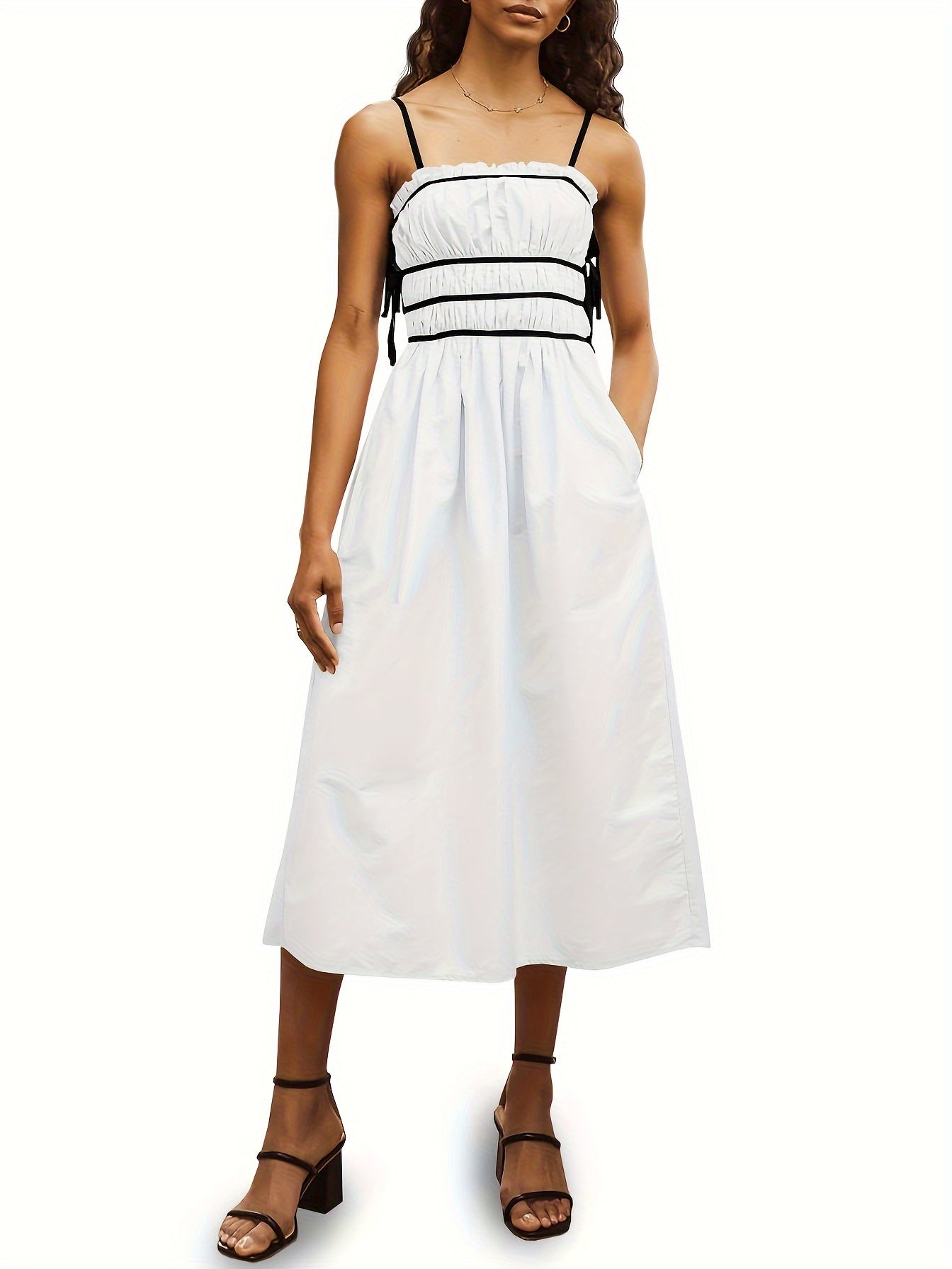 Womens Summer Spaghetti Strap Midi Dress Sleeveless Tie Strap Contrast Color Casual Smocked Ruffle Dresses